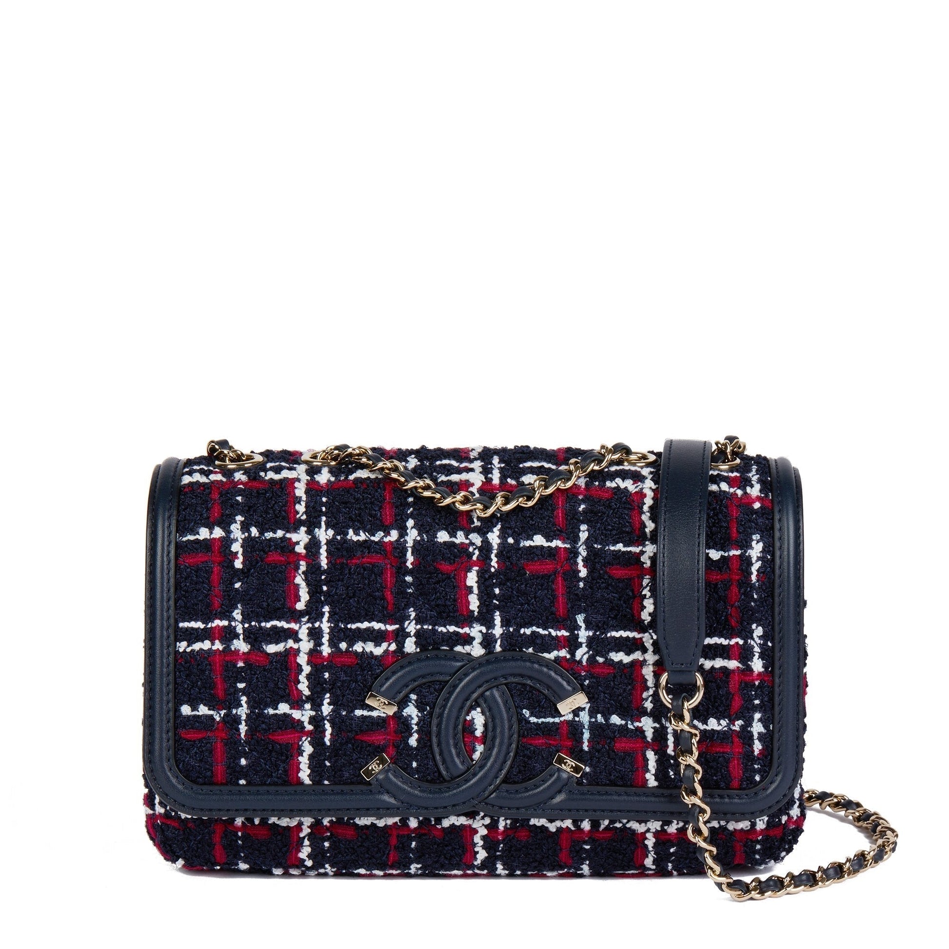 Chanel Navy, Red, White Tweed Fabric & Navy Lambskin Small Filigree Flap Bag
