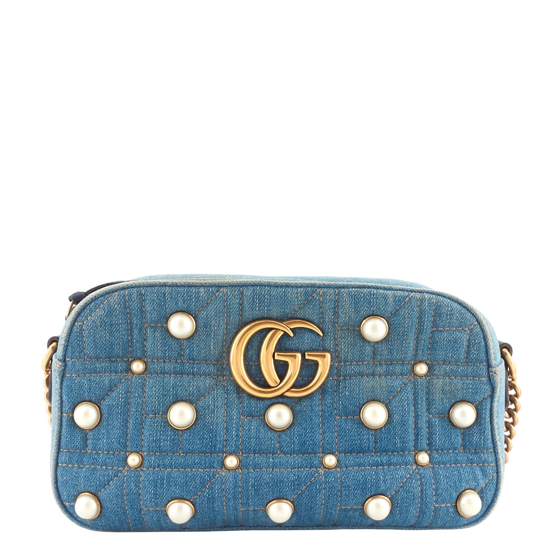 Gucci Pearly Marmont Camera Bag Denim Small Crossbody Bag