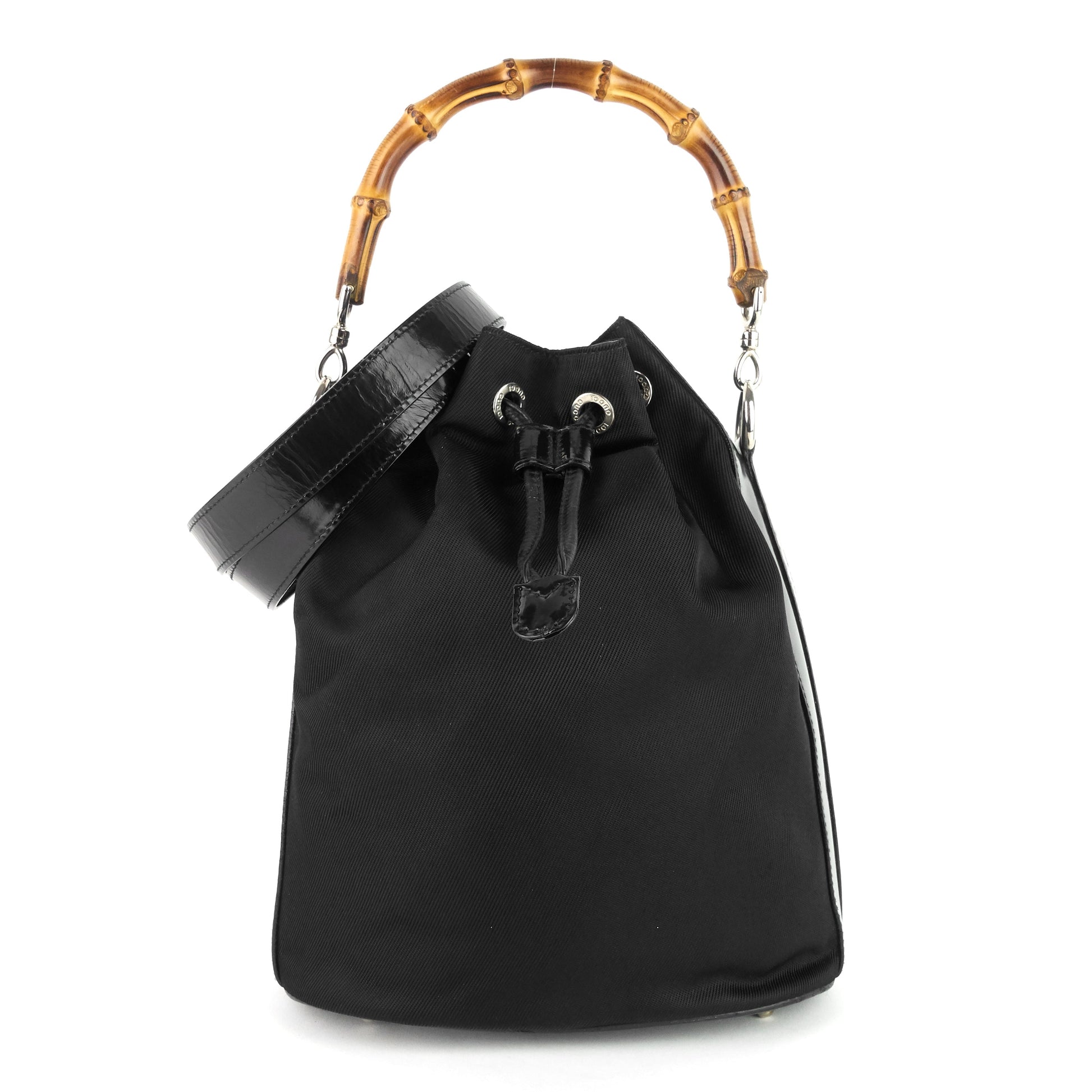 Gucci Bamboo Handle Drawstring Bag Nylon Bucket Jewelry