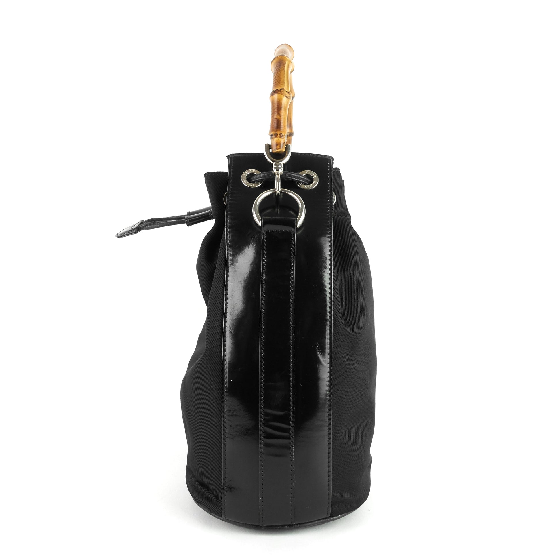 Gucci Bamboo Handle Drawstring Bag Nylon Bucket Jewelry
