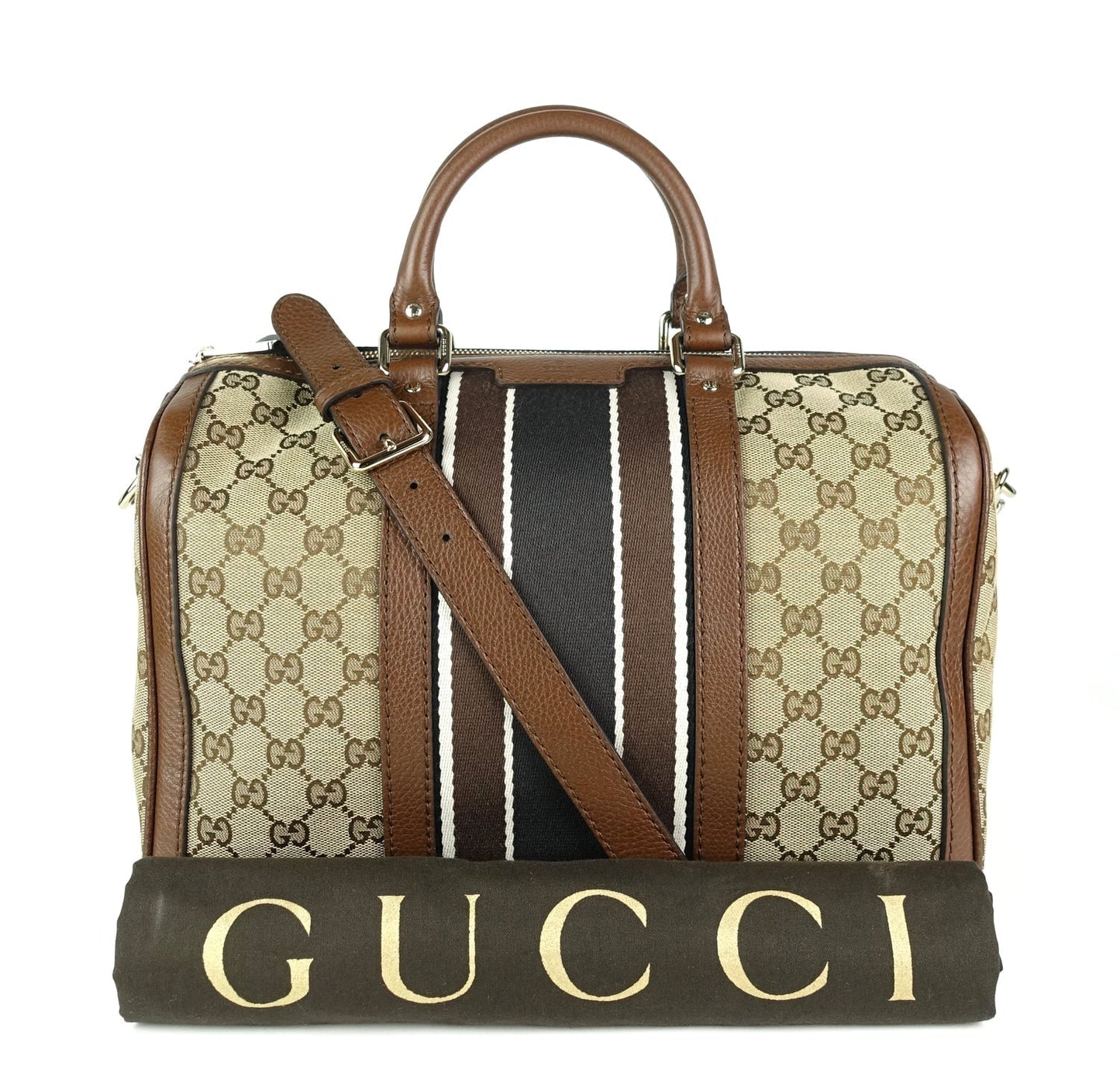 Gucci Web Boston Bag With Strap Canvas Monogram Travel Bag
