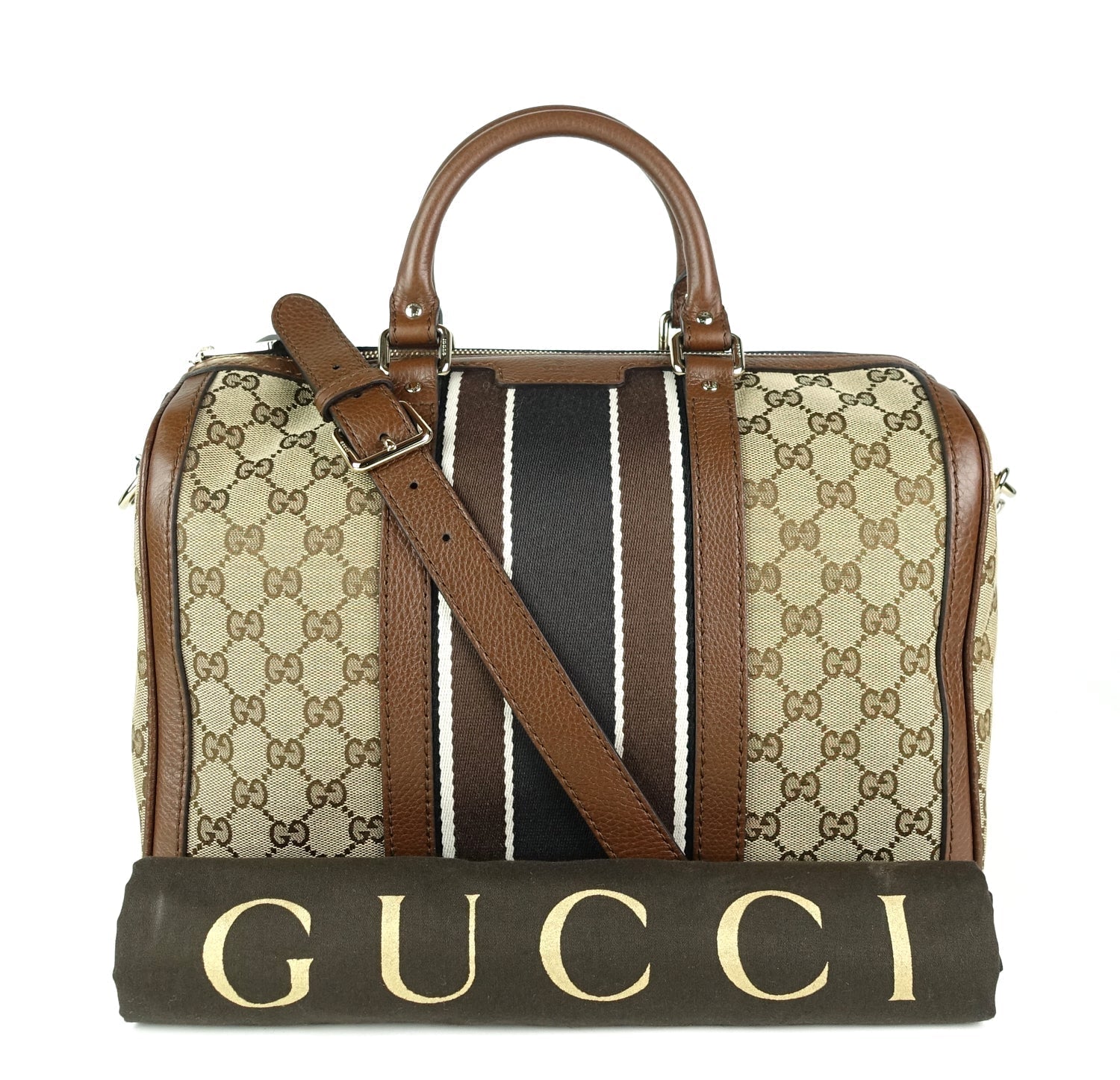 Gucci Web Boston Bag With Strap Canvas Monogram Travel Bag