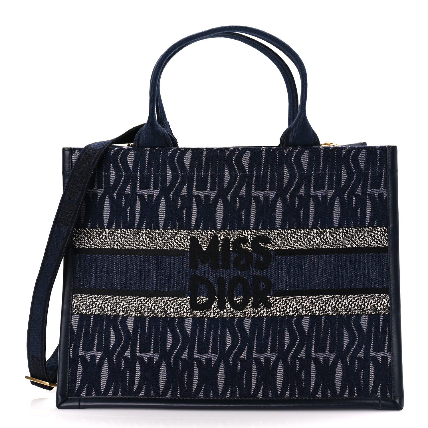 Dior Handbag Christian Calfskin Embroided Miss All Over Book Canvas Denim Blue Shoulder Bag