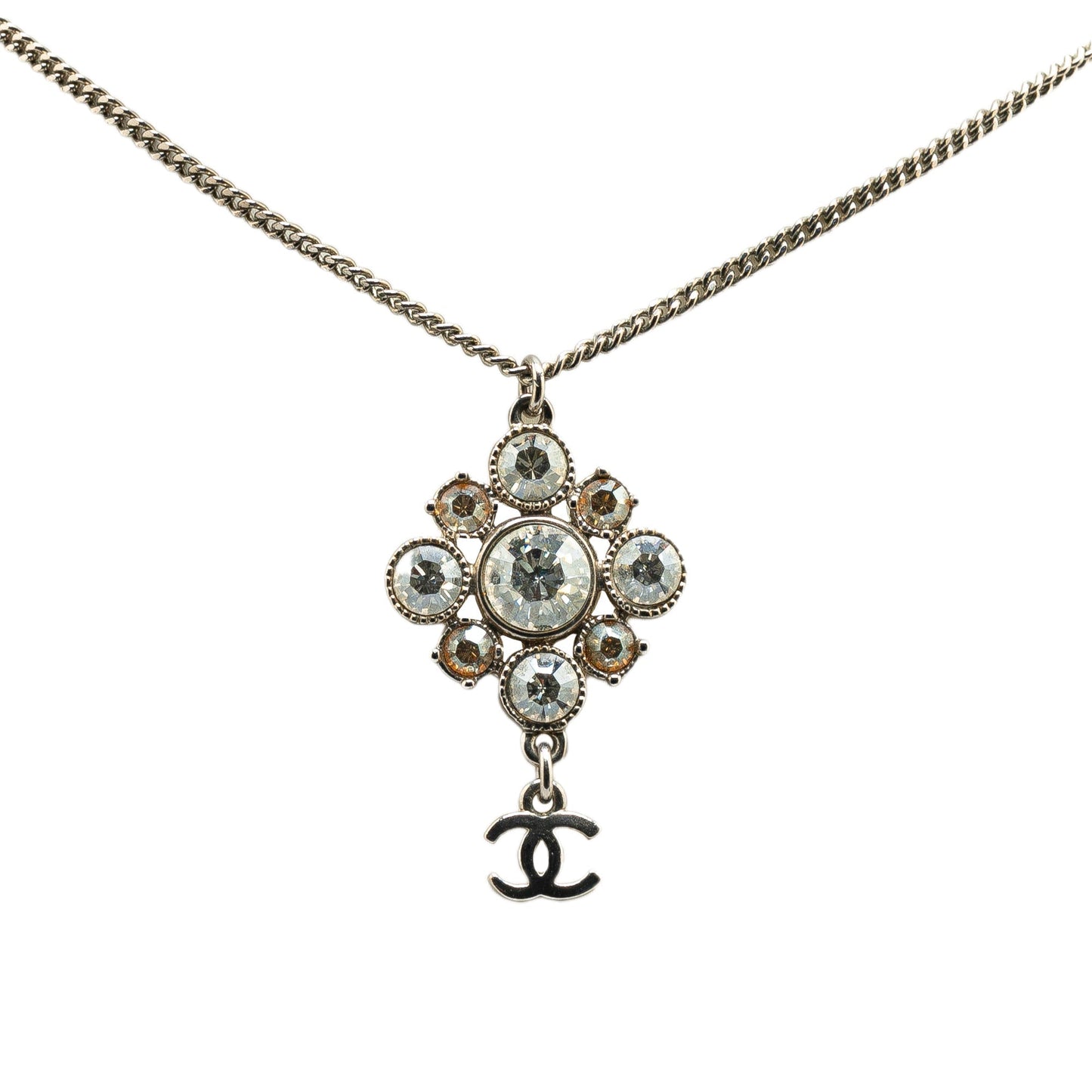 Silver Chanel Palladium Plated CC Crystal Pendant Necklace