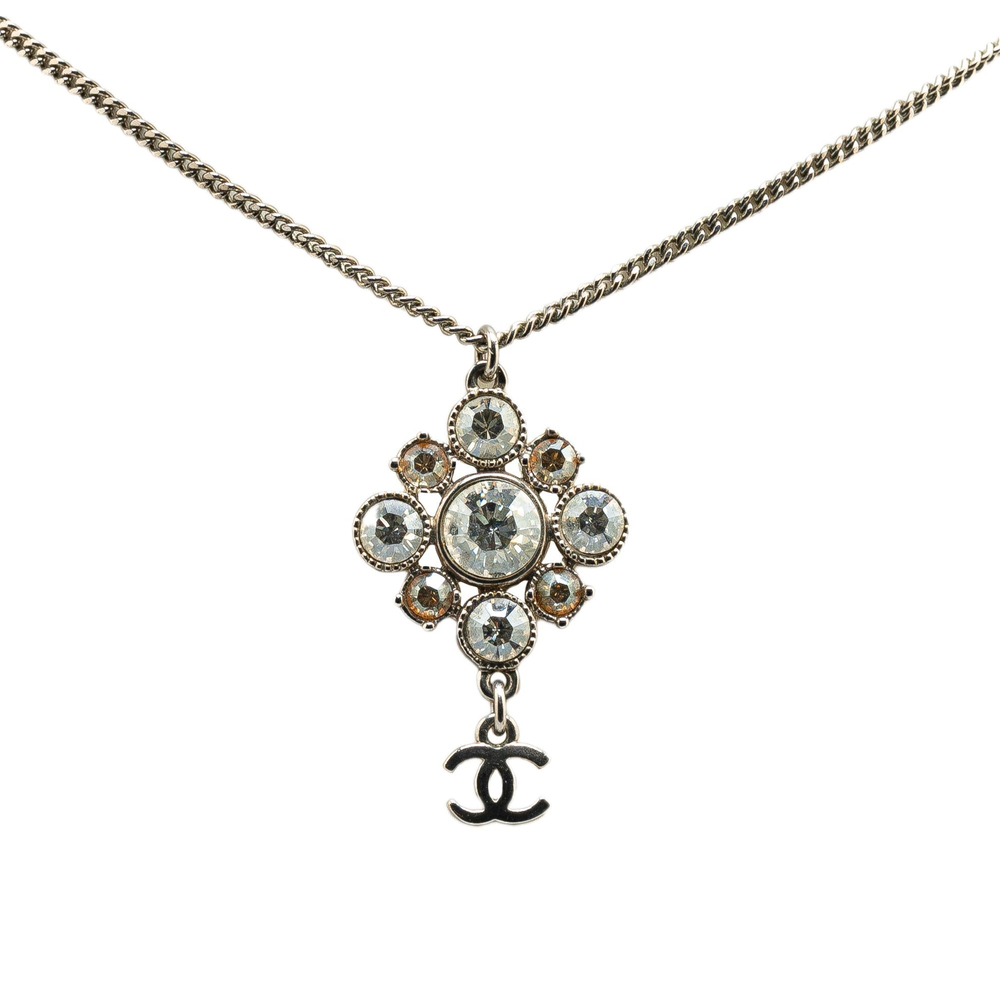Silver Chanel Palladium Plated CC Crystal Pendant Necklace