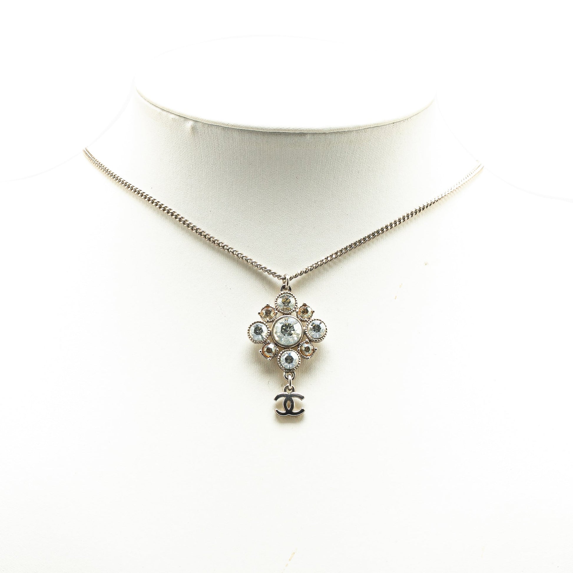 Silver Chanel Palladium Plated CC Crystal Pendant Necklace