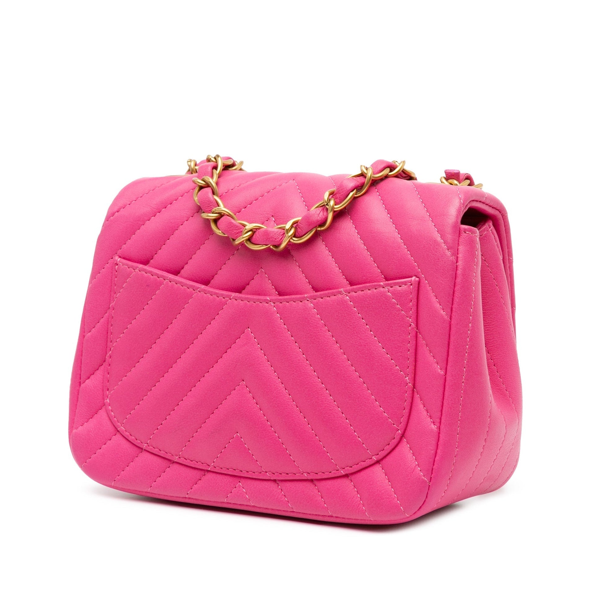 Pink Chanel Mini Square Classic Chevron Lambskin Flap Crossbody Bag