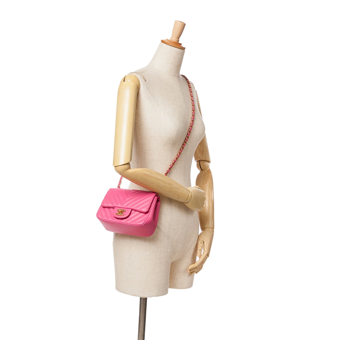 Pink Chanel Mini Square Classic Chevron Lambskin Flap Crossbody Bag