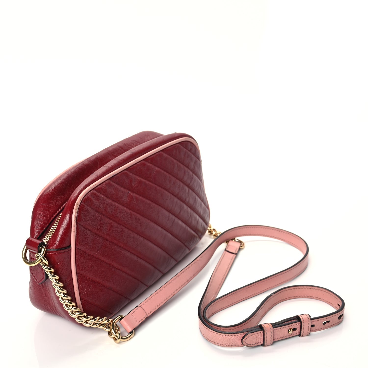 Gucci Azalea Calfskin Enamel Matelasse Diagonal Small Torchon GG Marmont Chain Shoulder Bag New Cherry Red Wild Rose