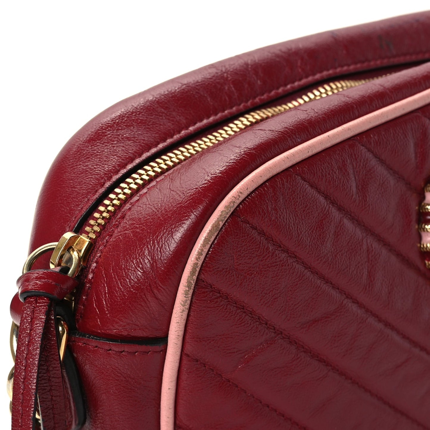 Gucci Azalea Calfskin Enamel Matelasse Diagonal Small Torchon GG Marmont Chain Shoulder Bag New Cherry Red Wild Rose