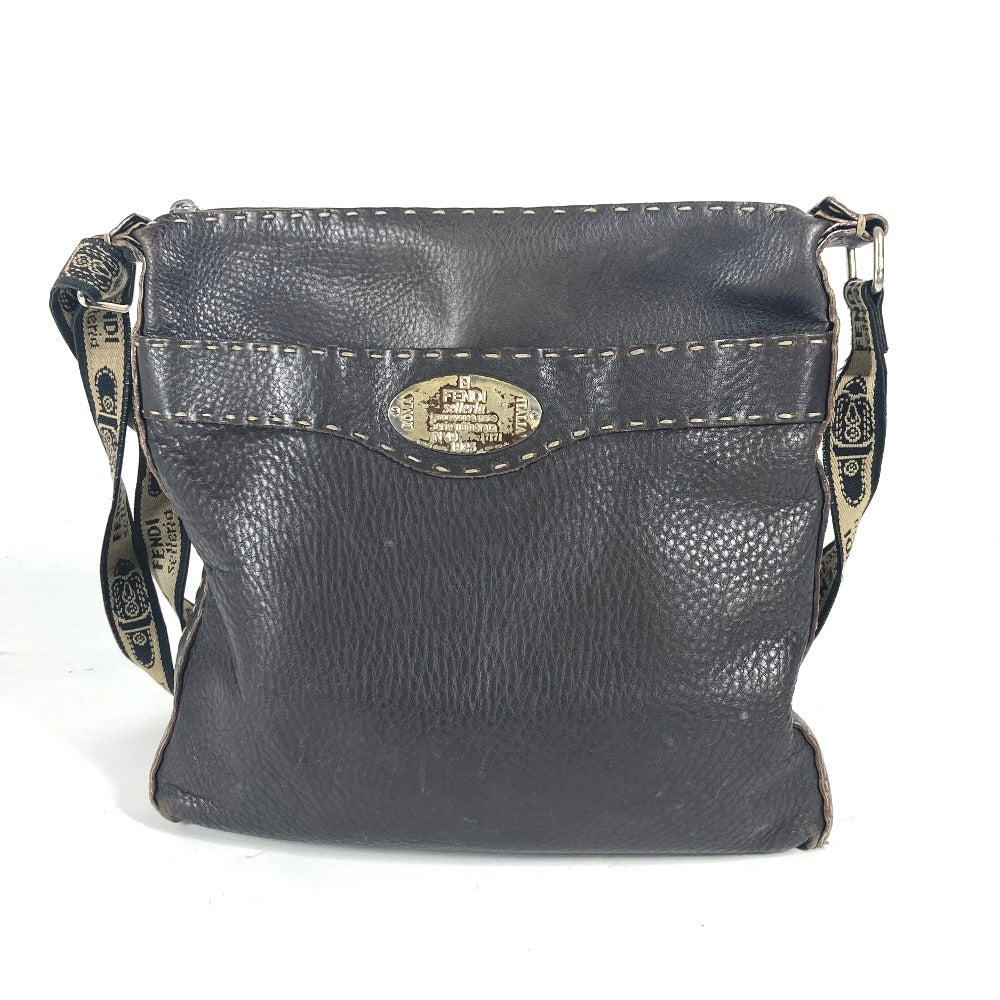 Fendi Shoulder Bag Dark Pochette Selleria Leather Brown Logo