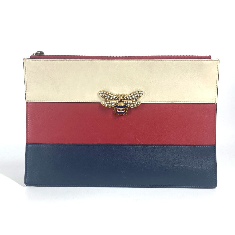 Gucci BEE Border Pearl Rhinestone Leather Red Clutch Bag