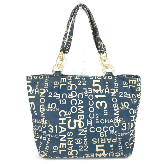 Chanel Navy Bysy line logo Canvas Tote Bag