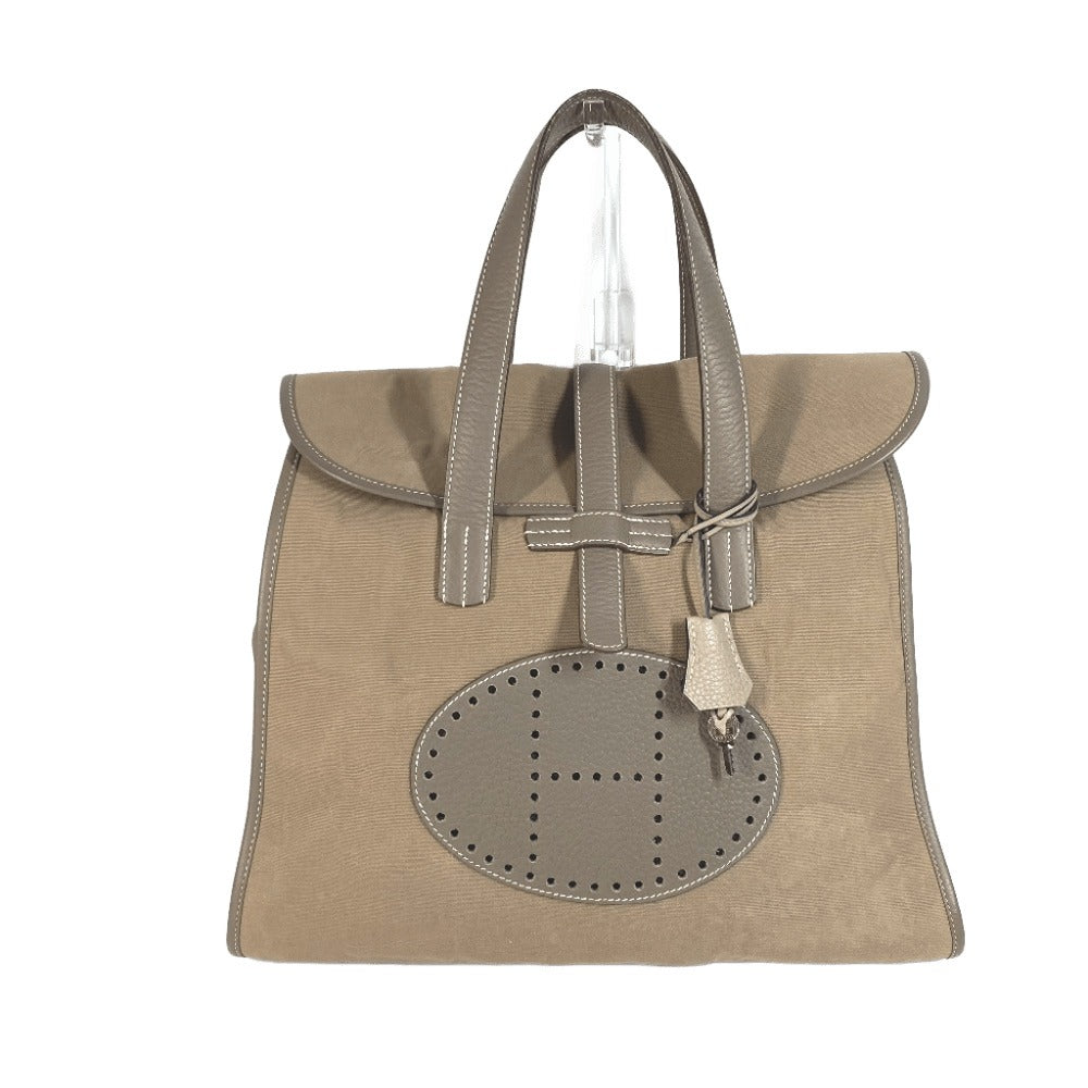Hermes Handbag Punching Hood Leather Canvas Gray Travel Bag