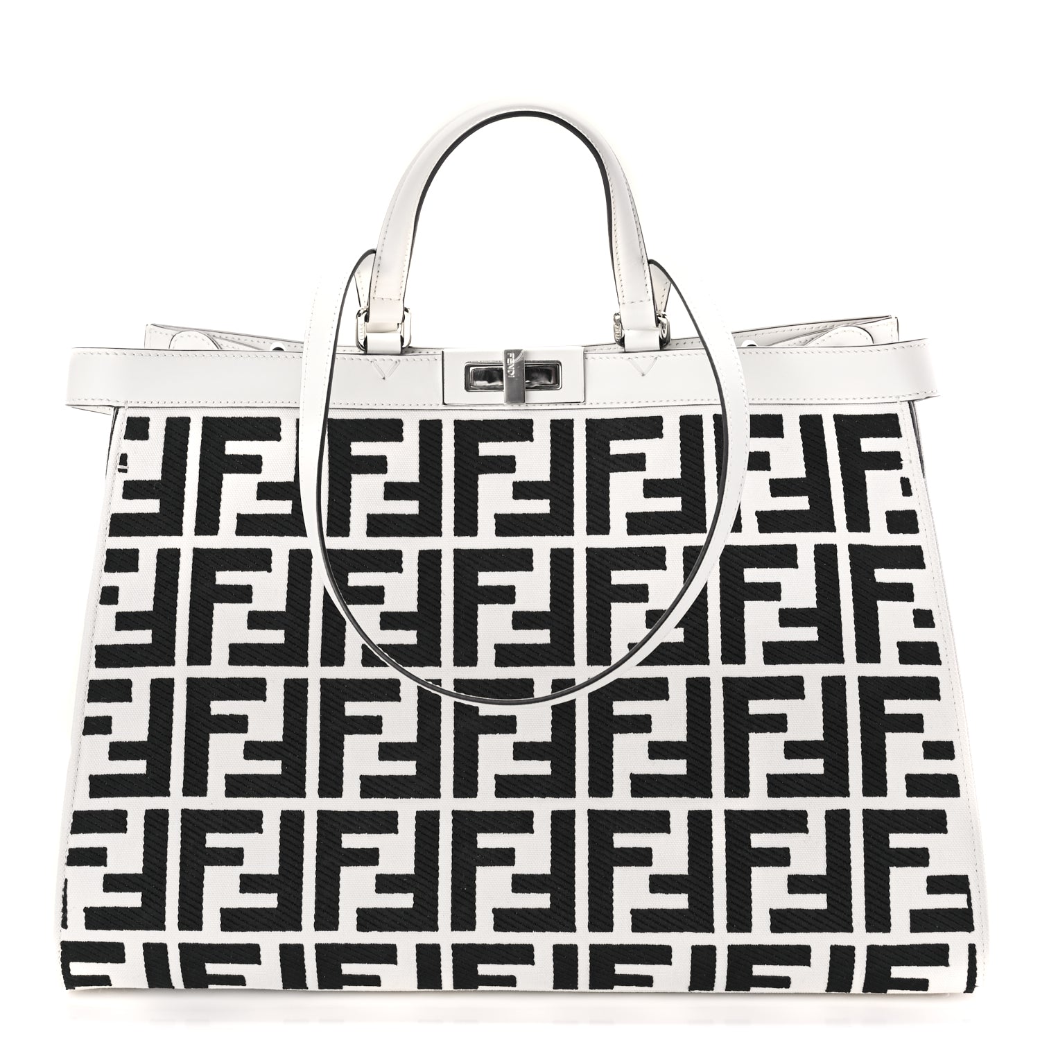Fendi Handbag King FF Embroidered Medium Peekaboo X-Tote Rice Leather Canvas Vitello Shoulder Bag