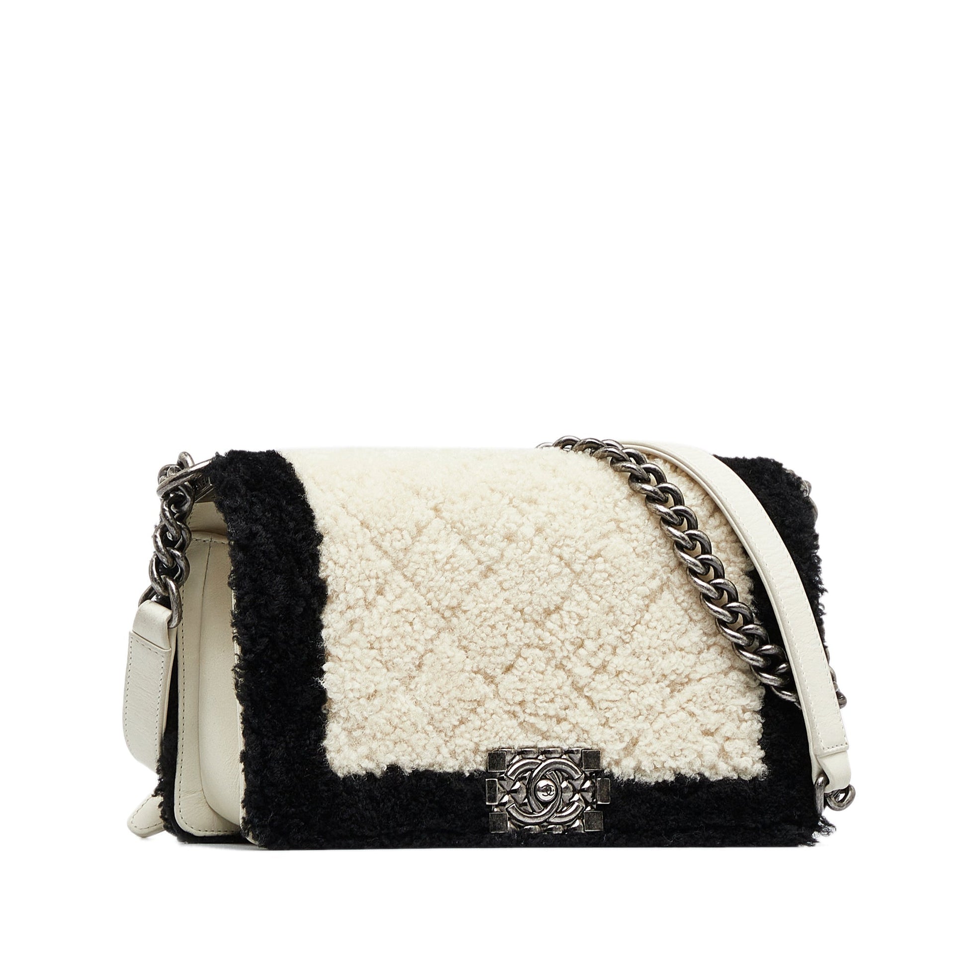 White Chanel Medium Shearling Boy Flap Crossbody Bag