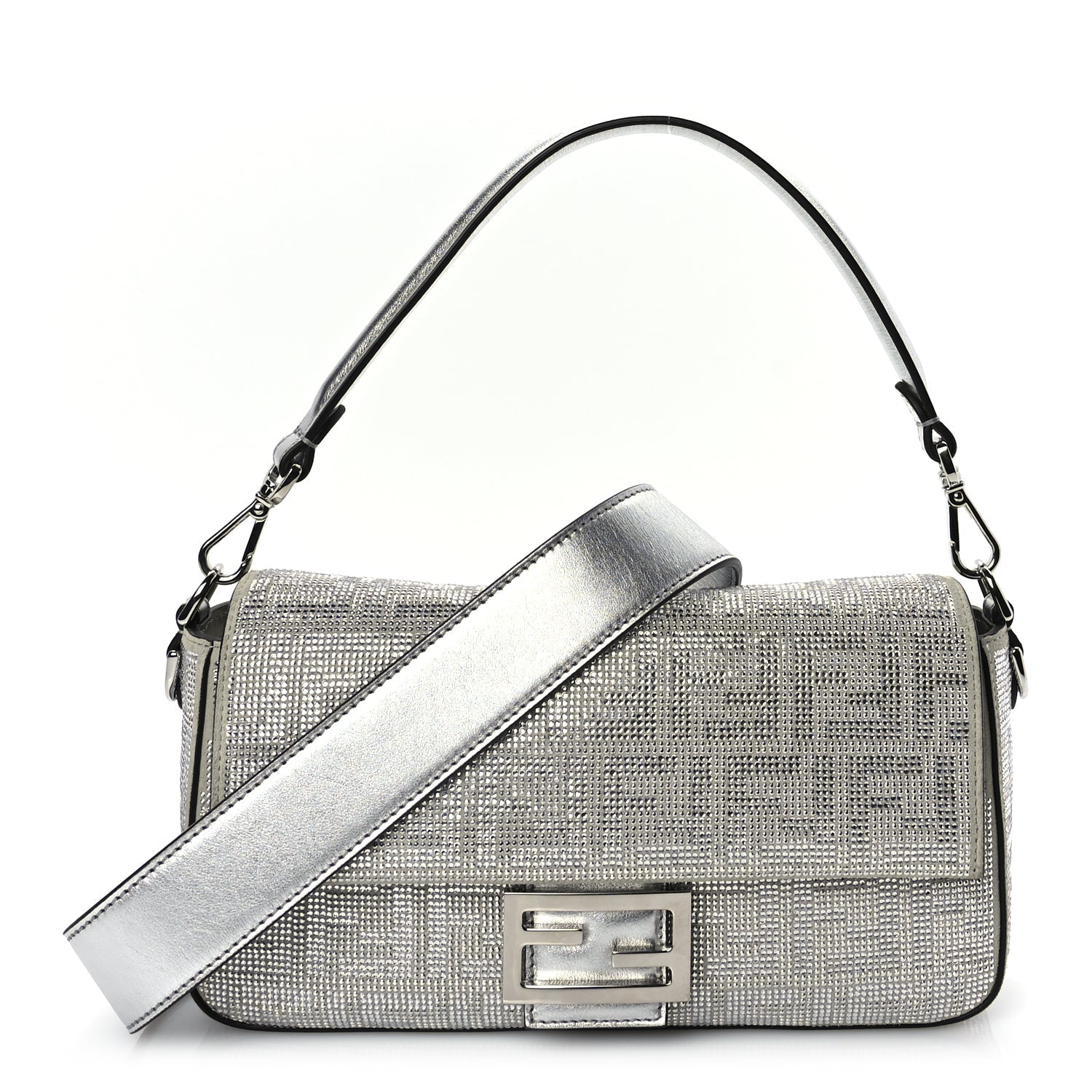 Fendi Handbag Crystal Laminato FF Baguette Crystal Argento Leather Vitello Silver Shoulder Bag