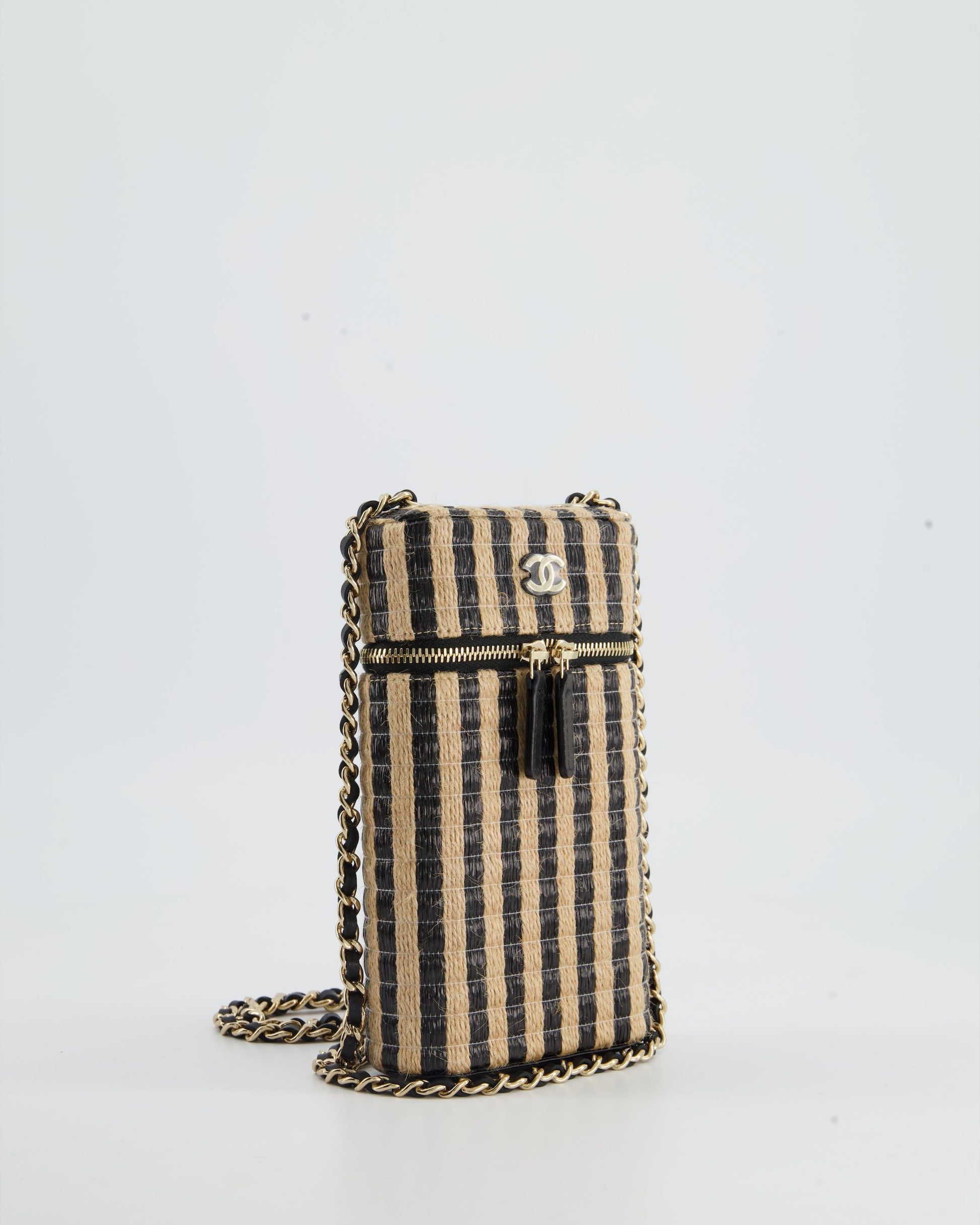 Chanel *hot* Raffia Vanity 21P Beige and Black Cross Body Bag with Champagne Gold Hardware