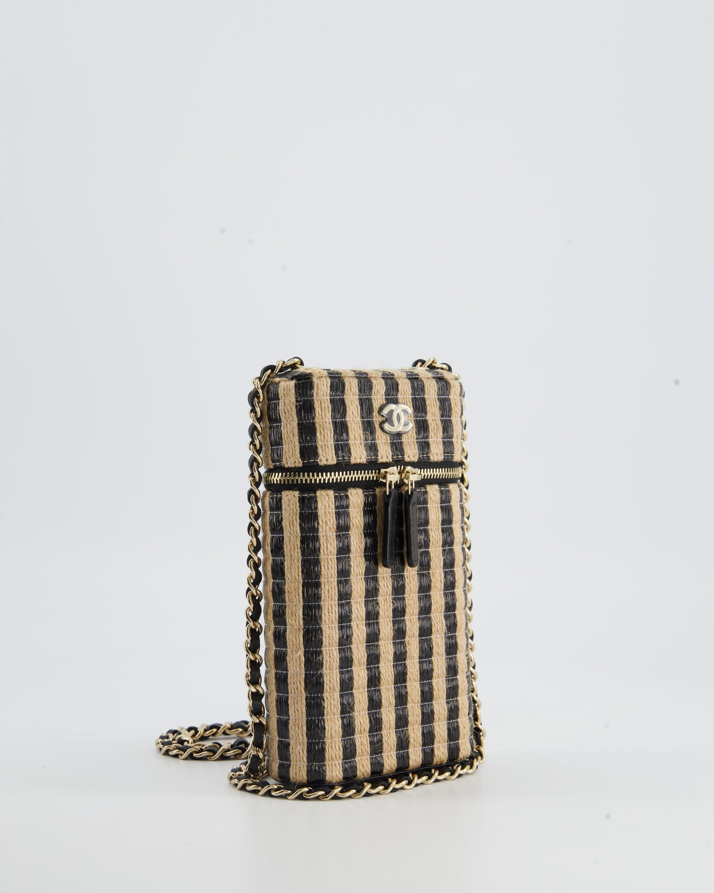 Chanel *Hot* Raffia Vanity 21P Beige And Black Cross-Body Bag With Champagne Gold Hardware