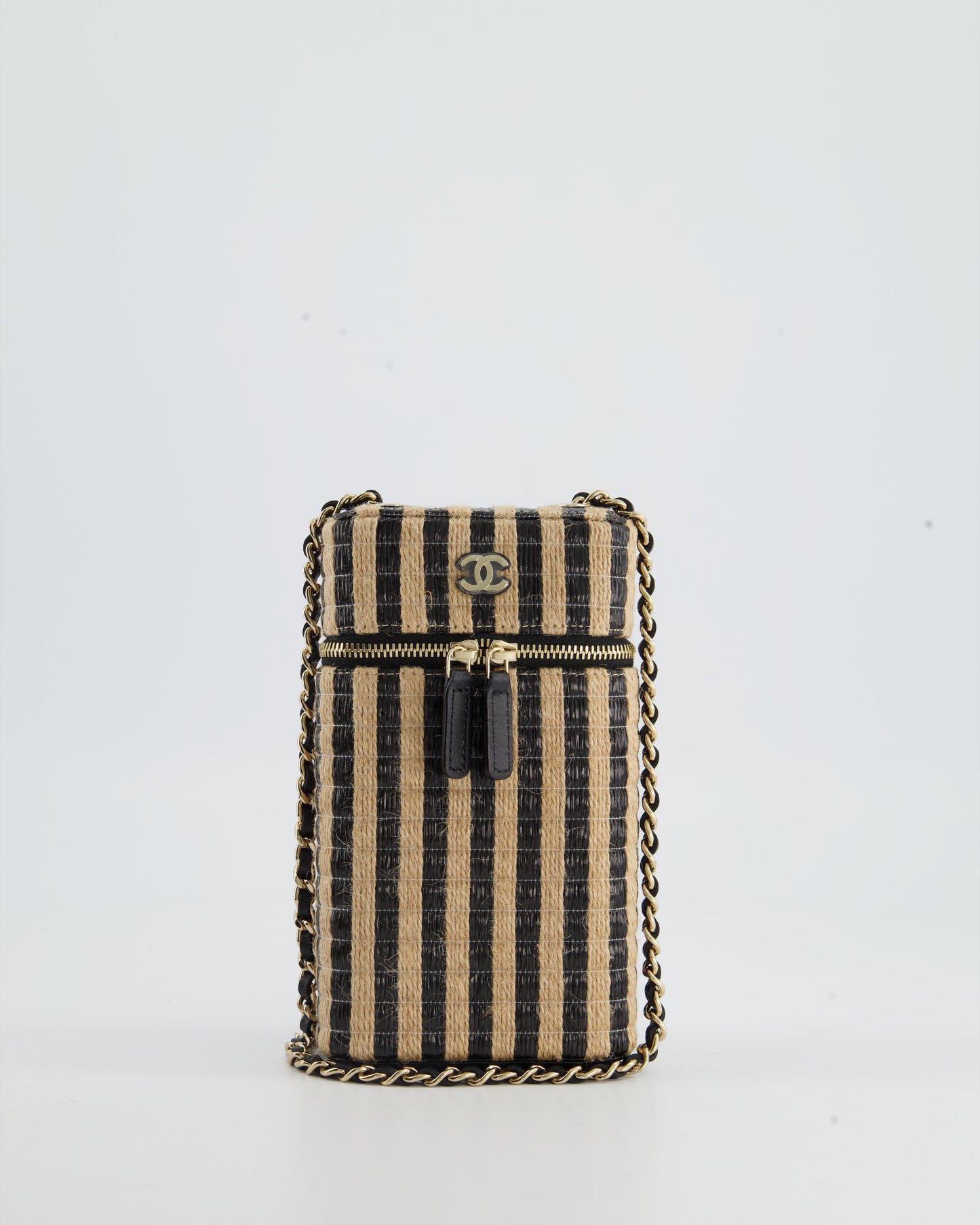 Chanel *Hot* Raffia Vanity 21P Beige And Black Cross-Body Bag With Champagne Gold Hardware