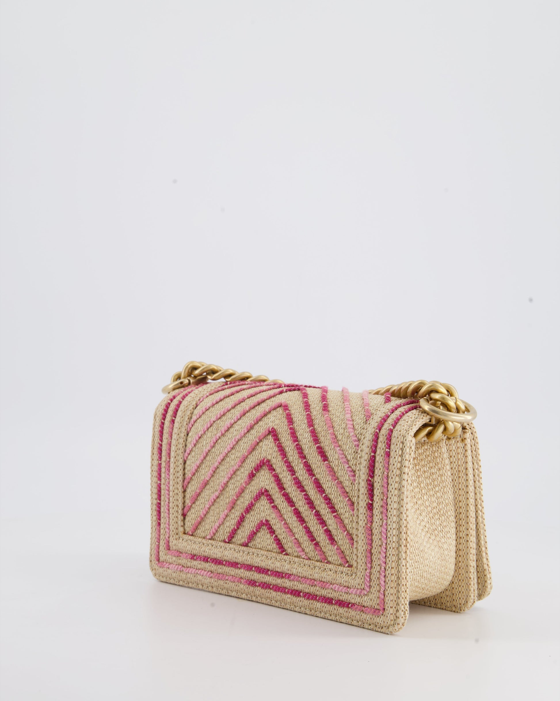 Chanel Small Raffia Boy with Metallic Pink Chevron Stitch and Brushed Gold Hardware Jewelry