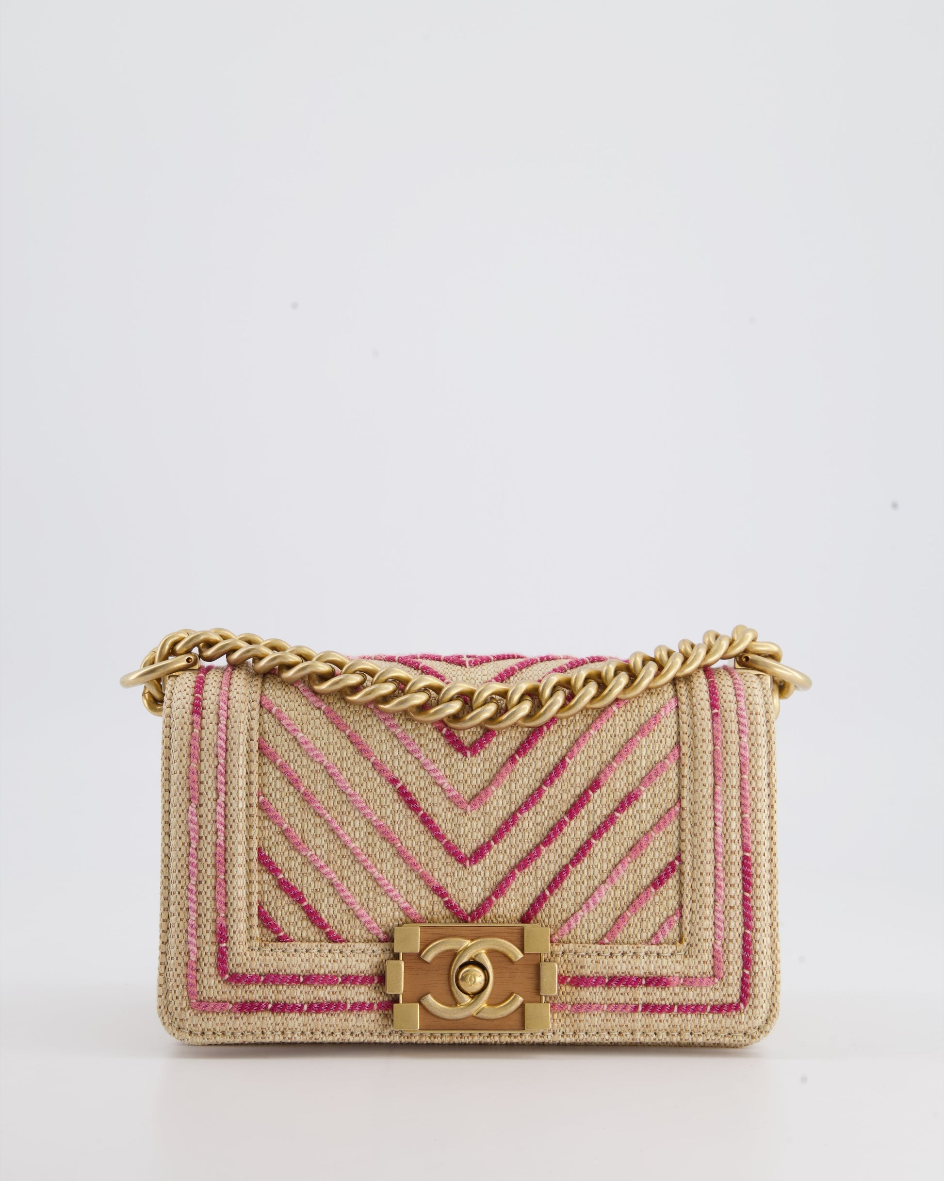 Chanel Small Raffia Boy Bag With Metallic Pink Chevron Stitch And Brushed Gold Hardware