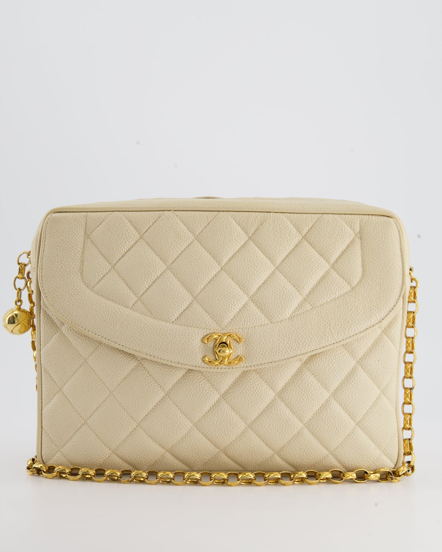 Chanel Beige Camera Flap Bag In Caviar Leather With Gold Hardware