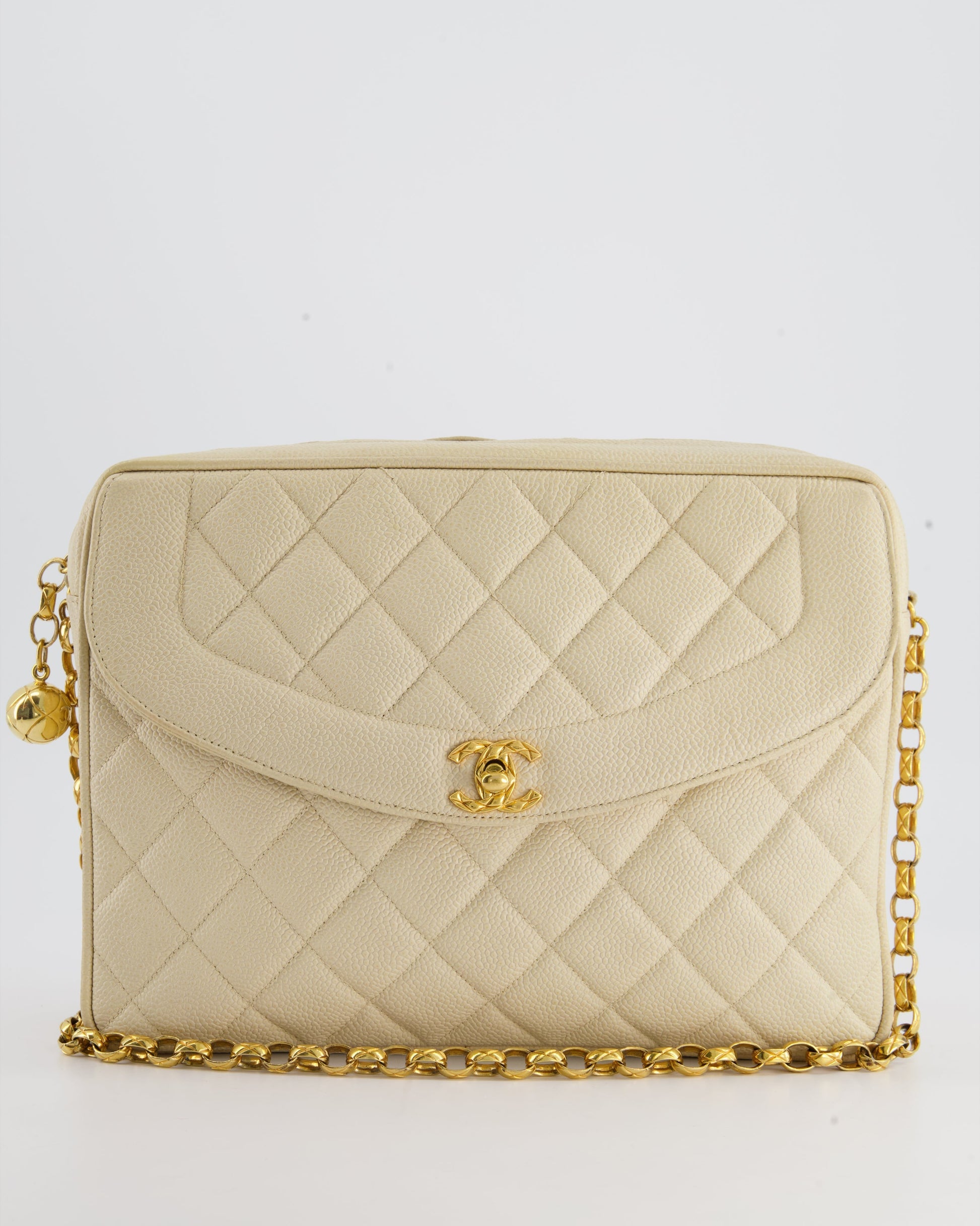 Chanel Beige Camera Flap Bag In Caviar Leather With Gold Hardware