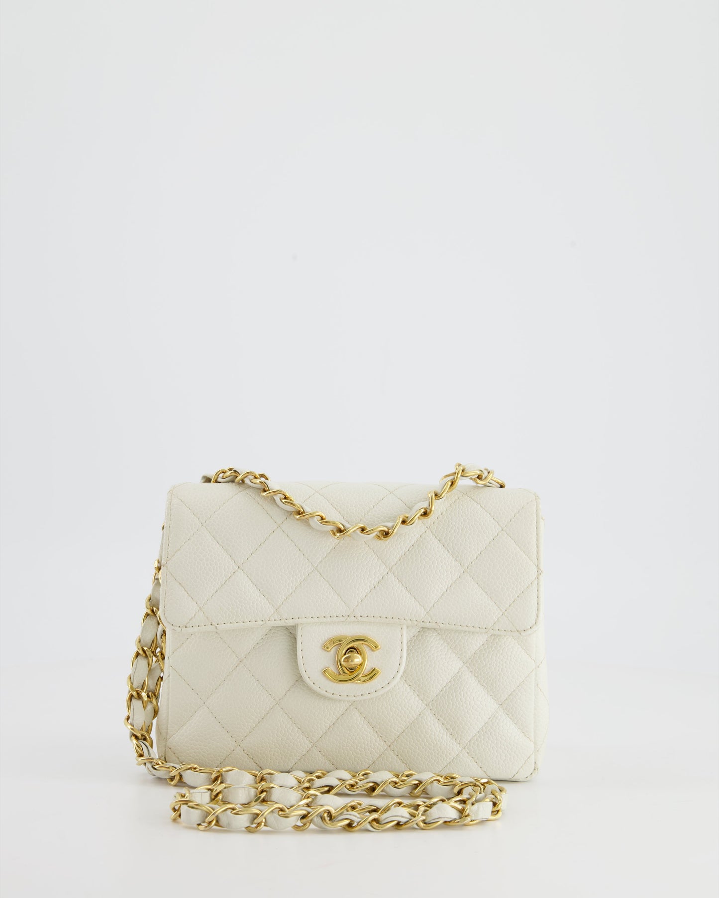 *RARE* Chanel   White Caviar Mini Square Flap Bag with 24K Gold Hardware