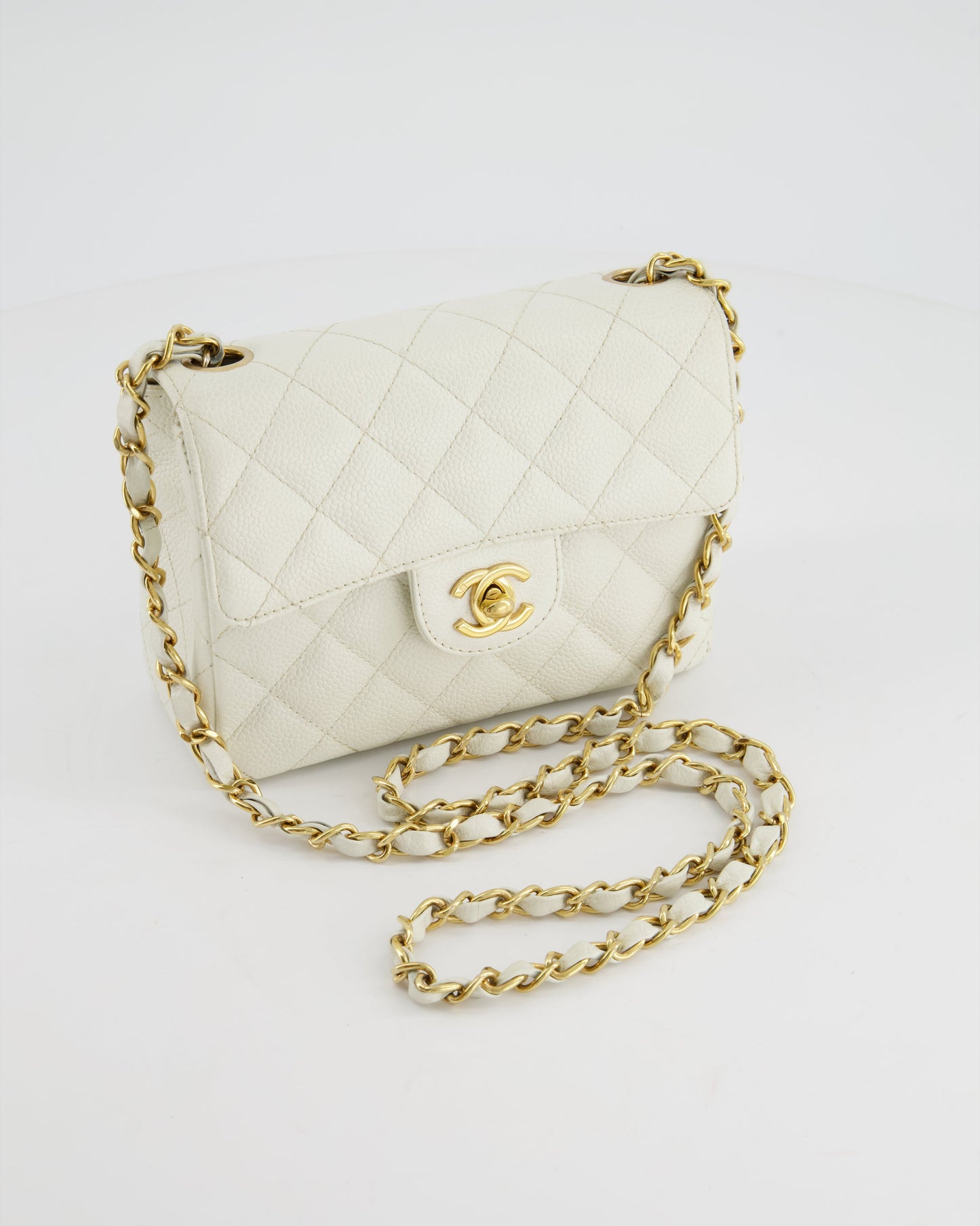 *RARE* Chanel   White Caviar Mini Square Flap Bag with 24K Gold Hardware