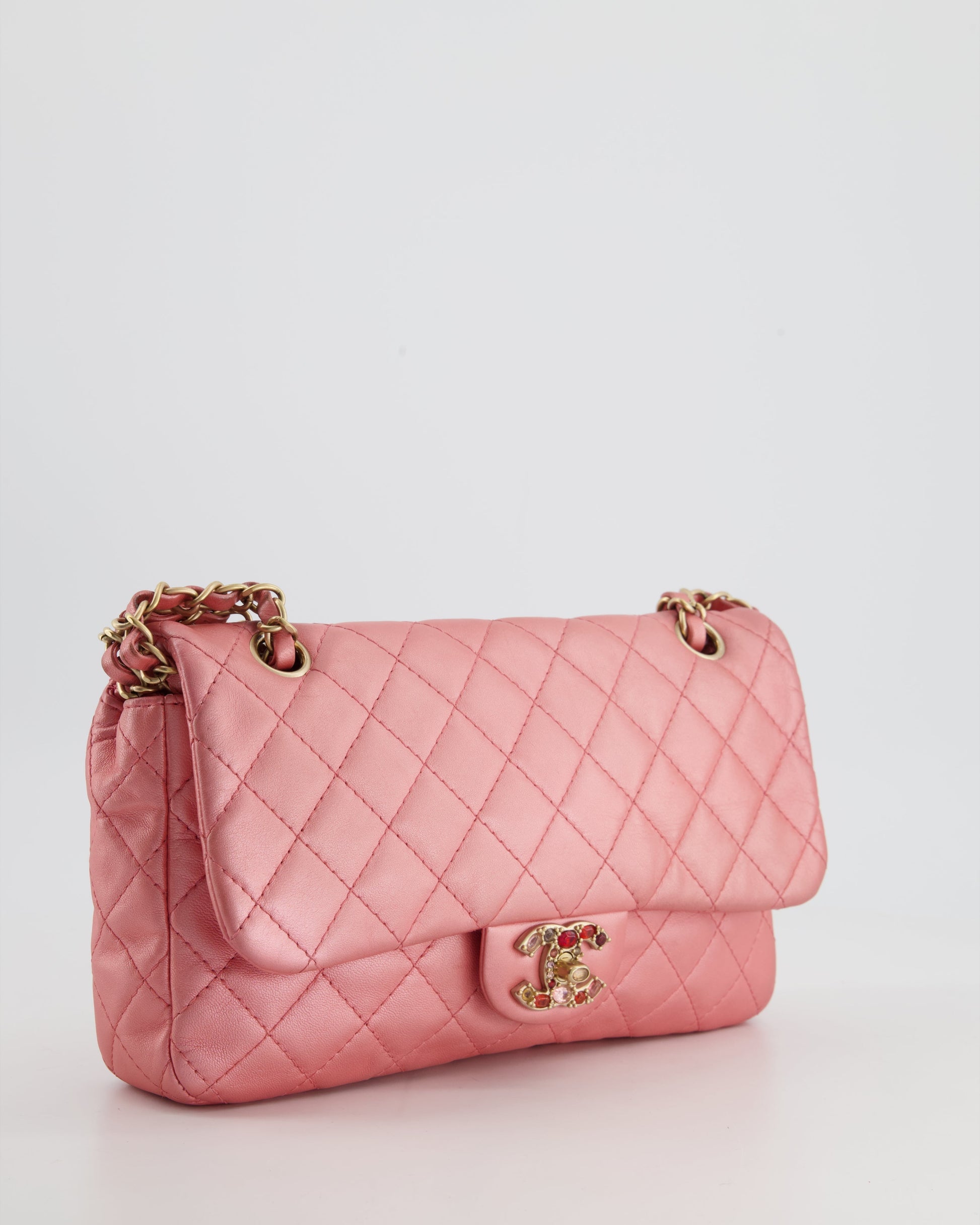 Chanel *limited Edition* Pink Metallic Single Flap in Lambskin Leather with Gold and Precious Stone Hardware Jewelry