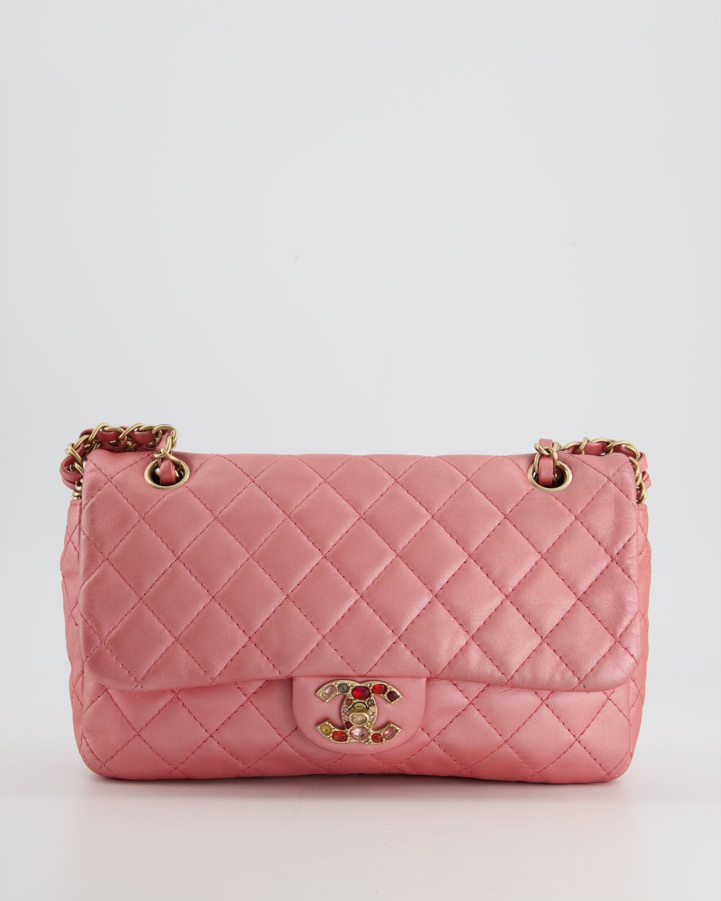 Chanel *Limited Edition* Pink Metallic Single Flap Shoulder Bag In Lambskin Leather With Gold And Precious Stone Hardware