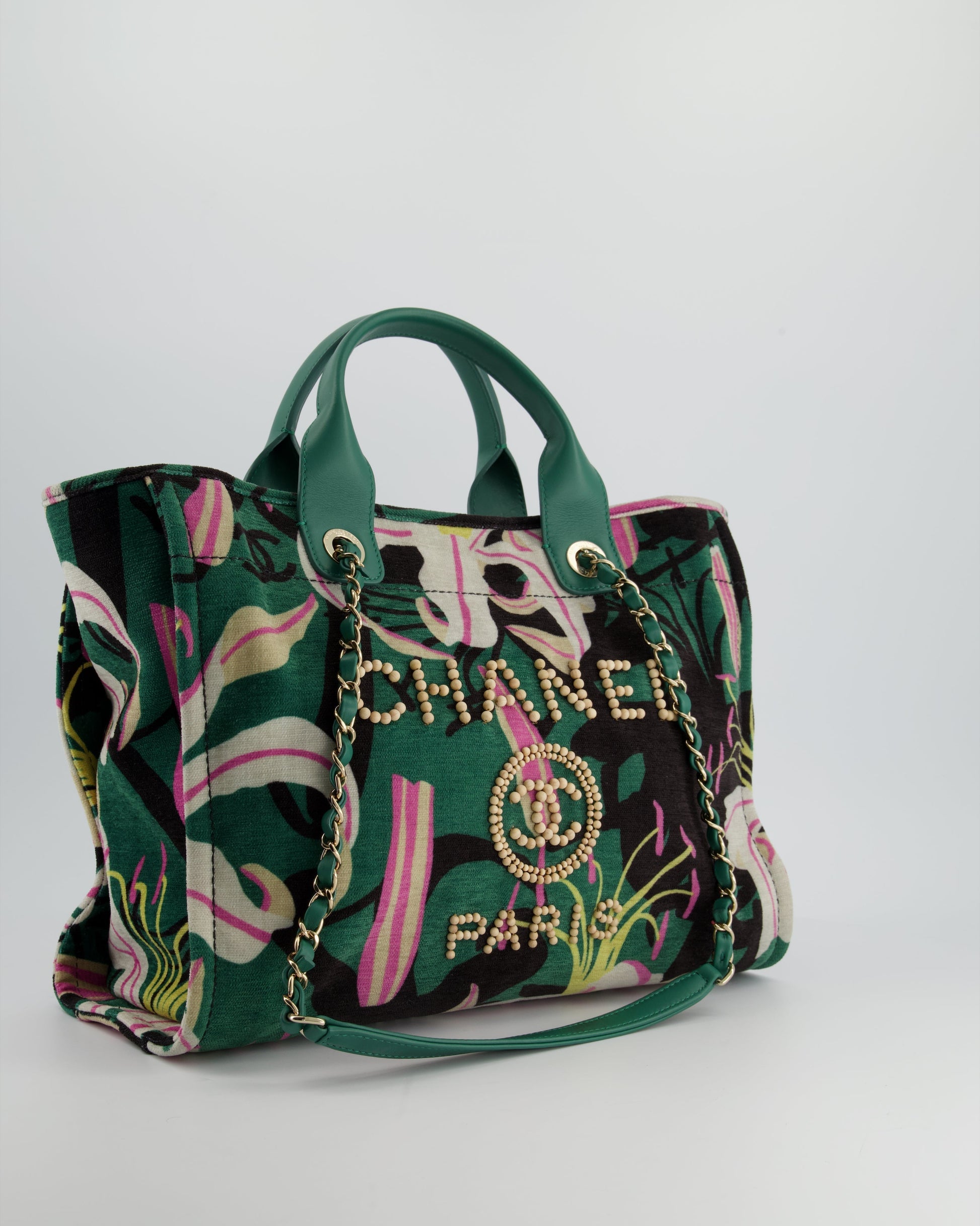 Chanel Métiers D'Art Spring Summer Printed Velvet Small Deauville Tote Bag With Wooden Pearls And Champagne Gold Hardware
