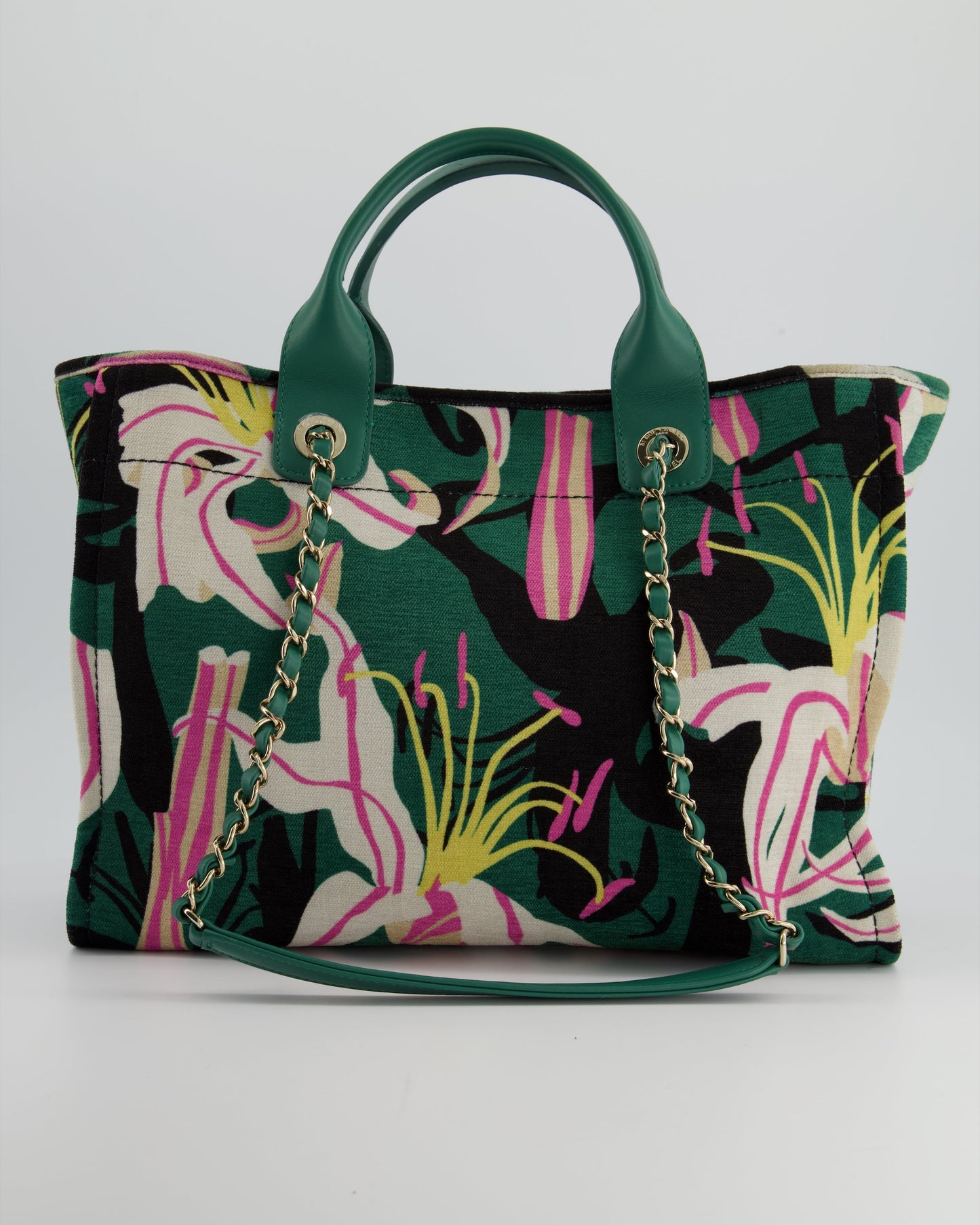 Chanel Métiers D'Art Spring Summer Printed Velvet Small Deauville Tote Bag With Wooden Pearls And Champagne Gold Hardware