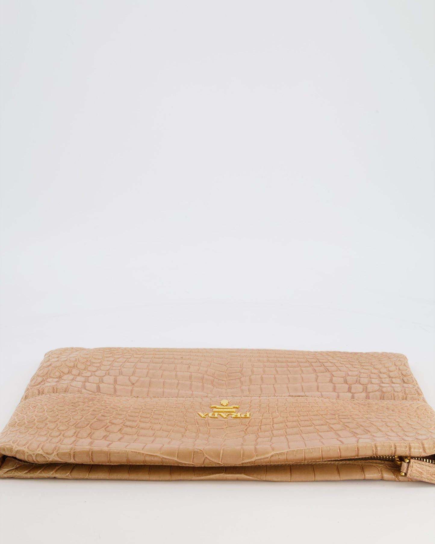 Prada Crocodile Pouch Bag With Hardware Beige Gold Large Clutch Bag