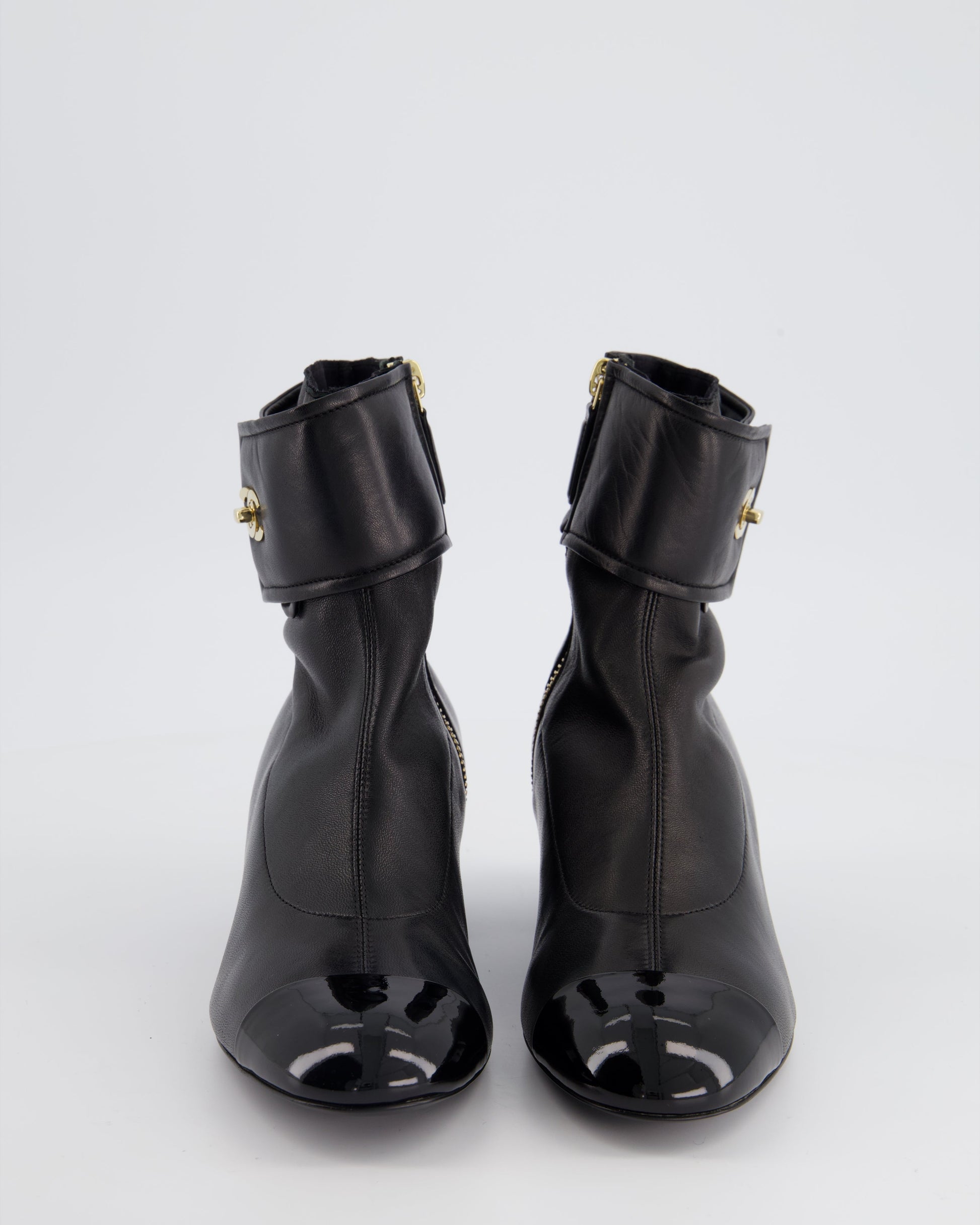 Chanel Black Leather Ankle Boots With Patent Toe And Champagne Gold Cc Logo Detail Size Eu 35.5C