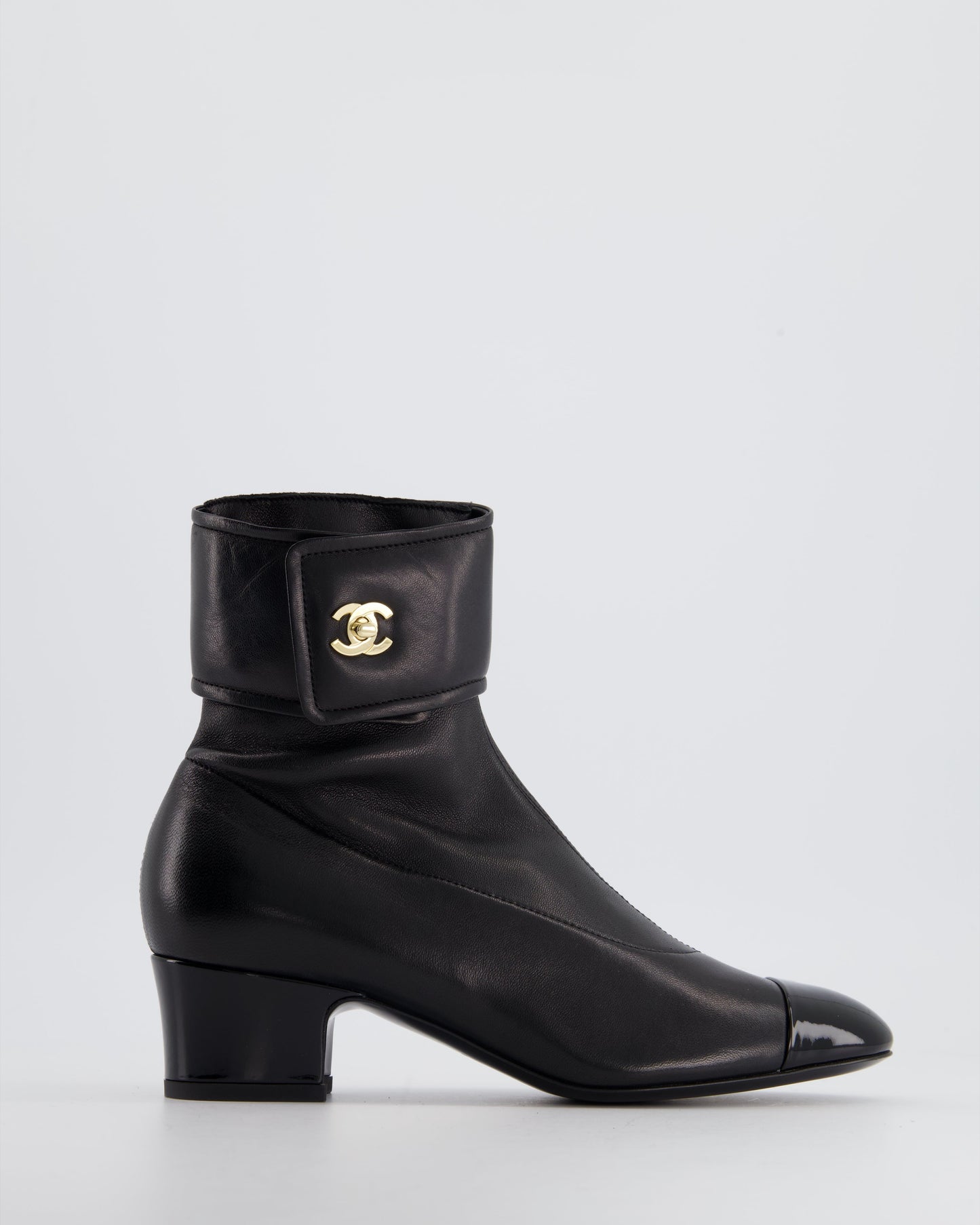 Chanel Black Leather Ankle Boots With Patent Toe And Champagne Gold Cc Logo Detail Size Eu 35.5C