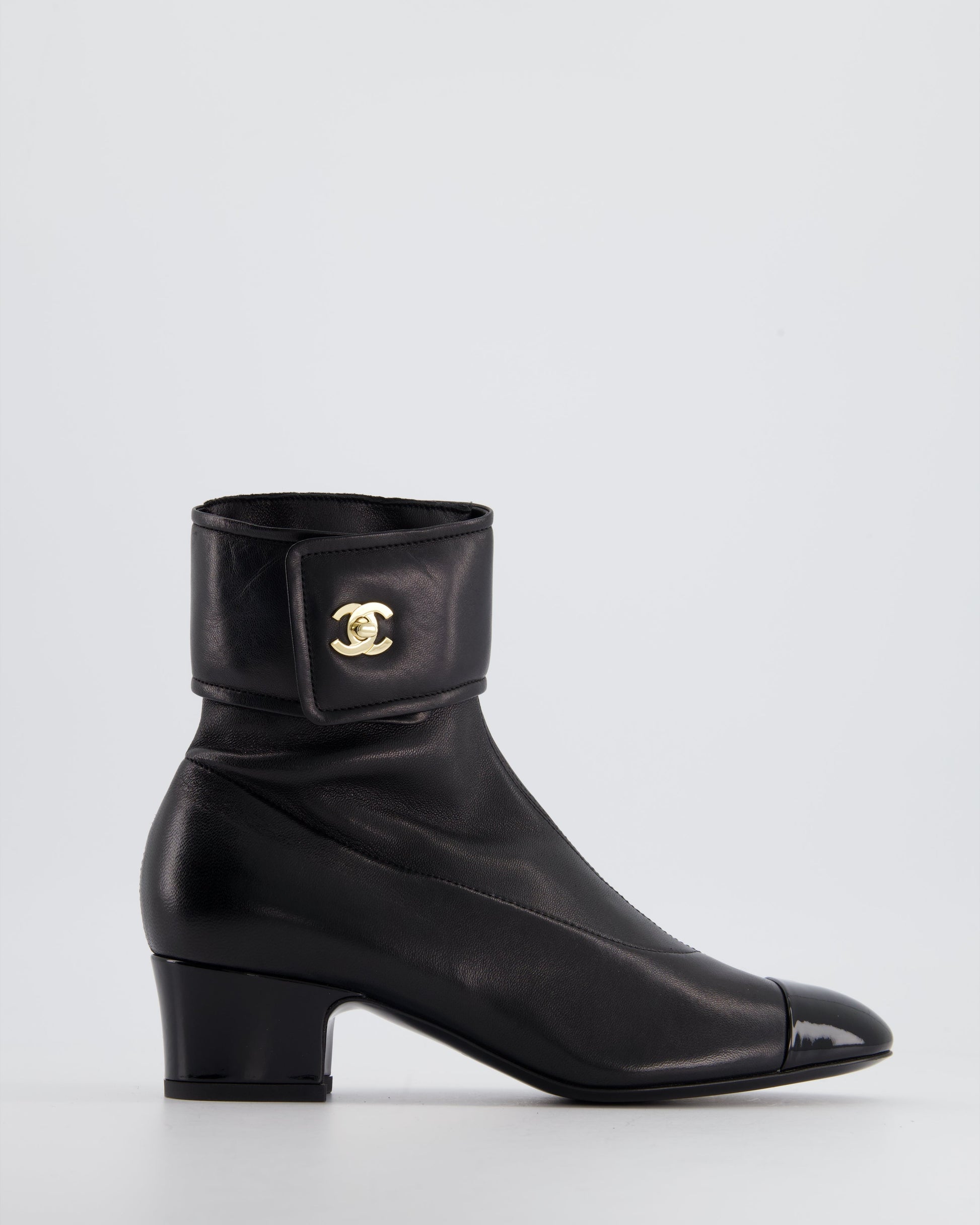 Chanel Black Leather Ankle Boots With Patent Toe And Champagne Gold Cc Logo Detail Size Eu 35.5C