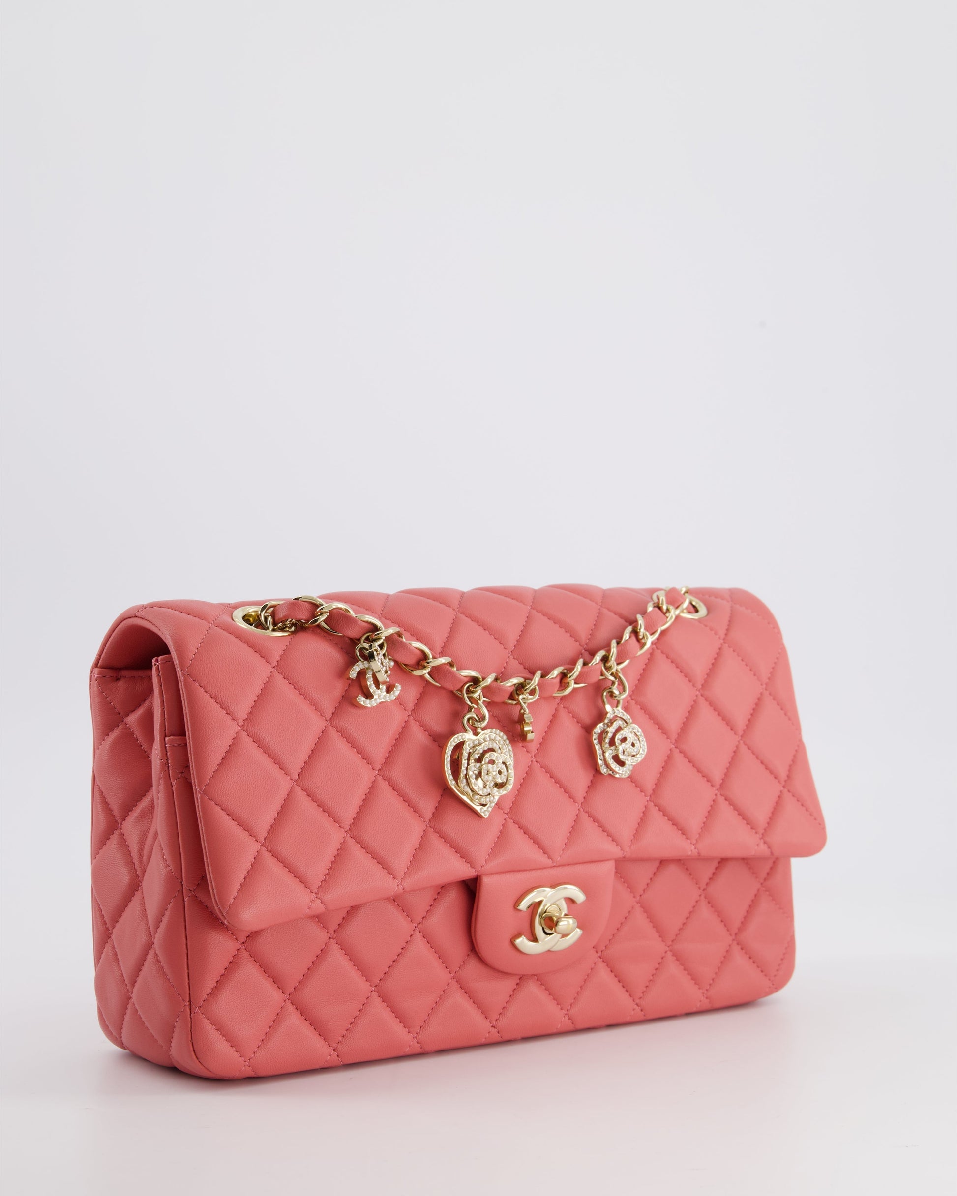 Chanel Pink Medium Single Flap in Lambskin Leather with Champagne Gold Hardware Jewelry