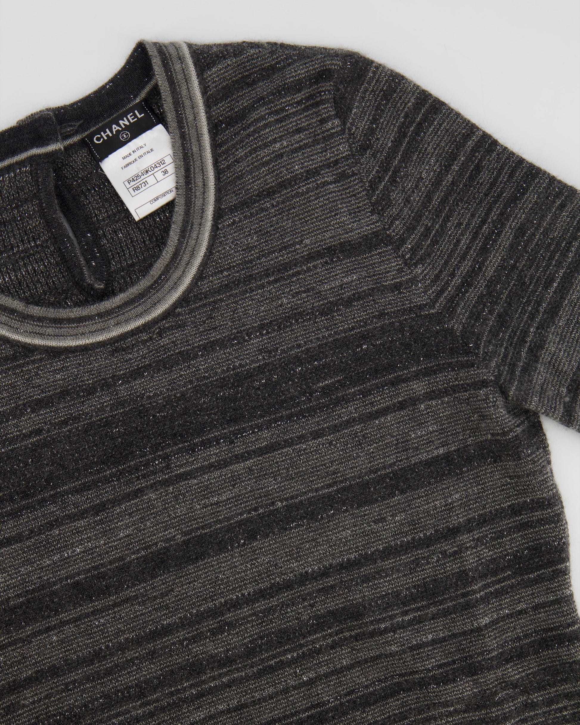 Chanel Grey Striped Cashmere Metallic Thread Long-Sleeve Top Size Fr 38 (Uk 10) Bag