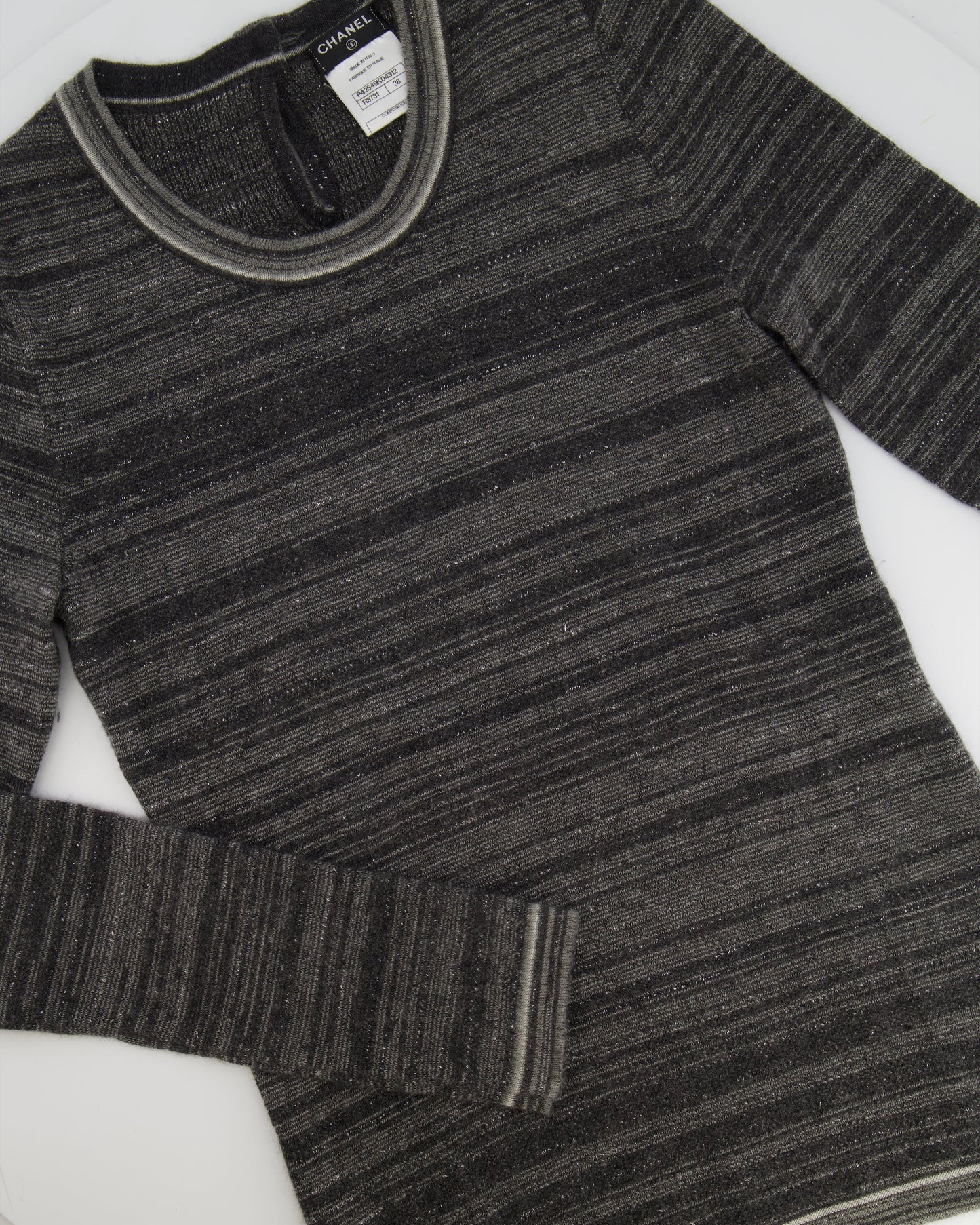 Chanel Grey Striped Cashmere Metallic Thread Long-Sleeve Top Size Fr 38 (Uk 10) Bag