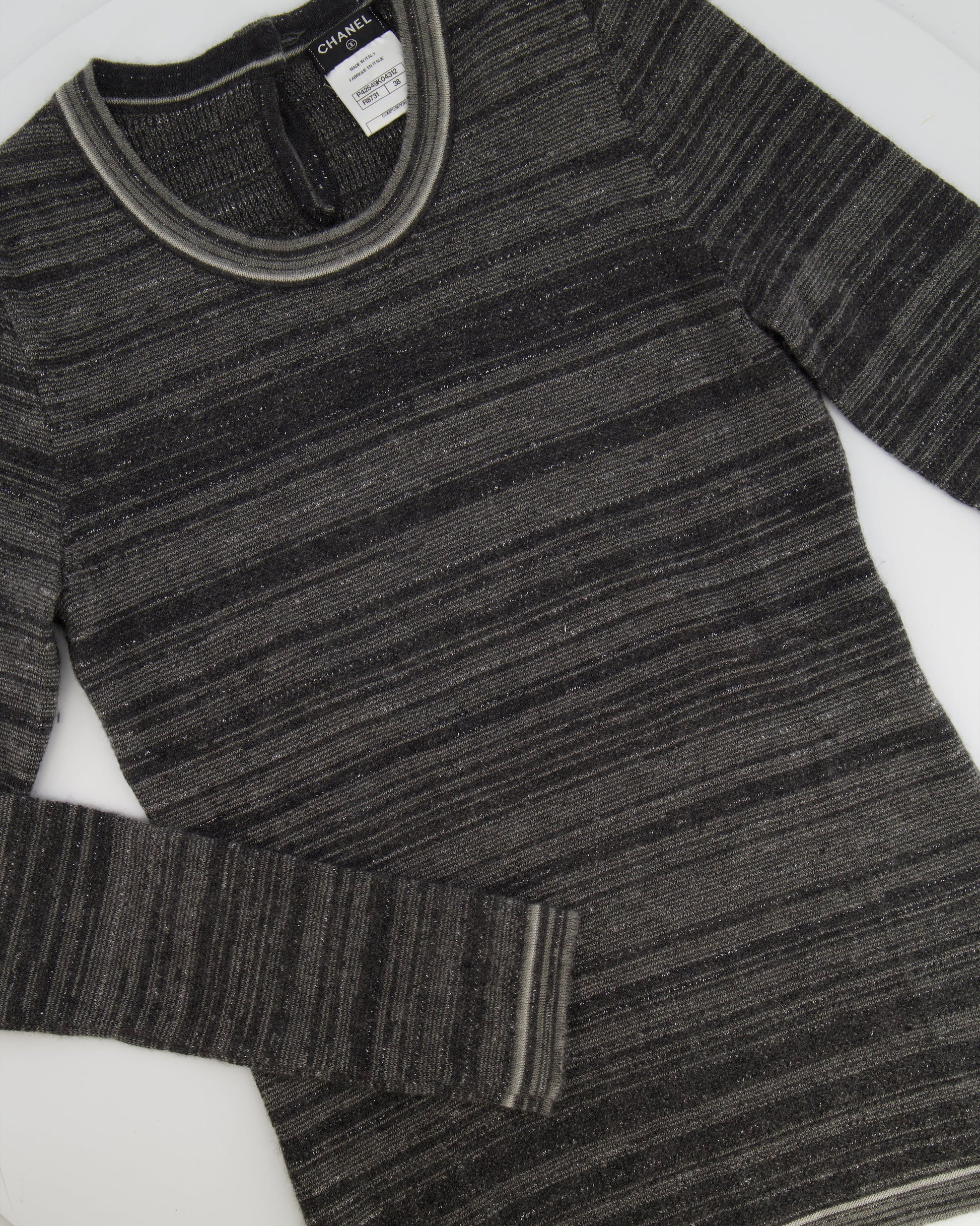 Chanel Grey Striped Cashmere Metallic Thread Long-Sleeve Top Size Fr 38 (Uk 10) Bag