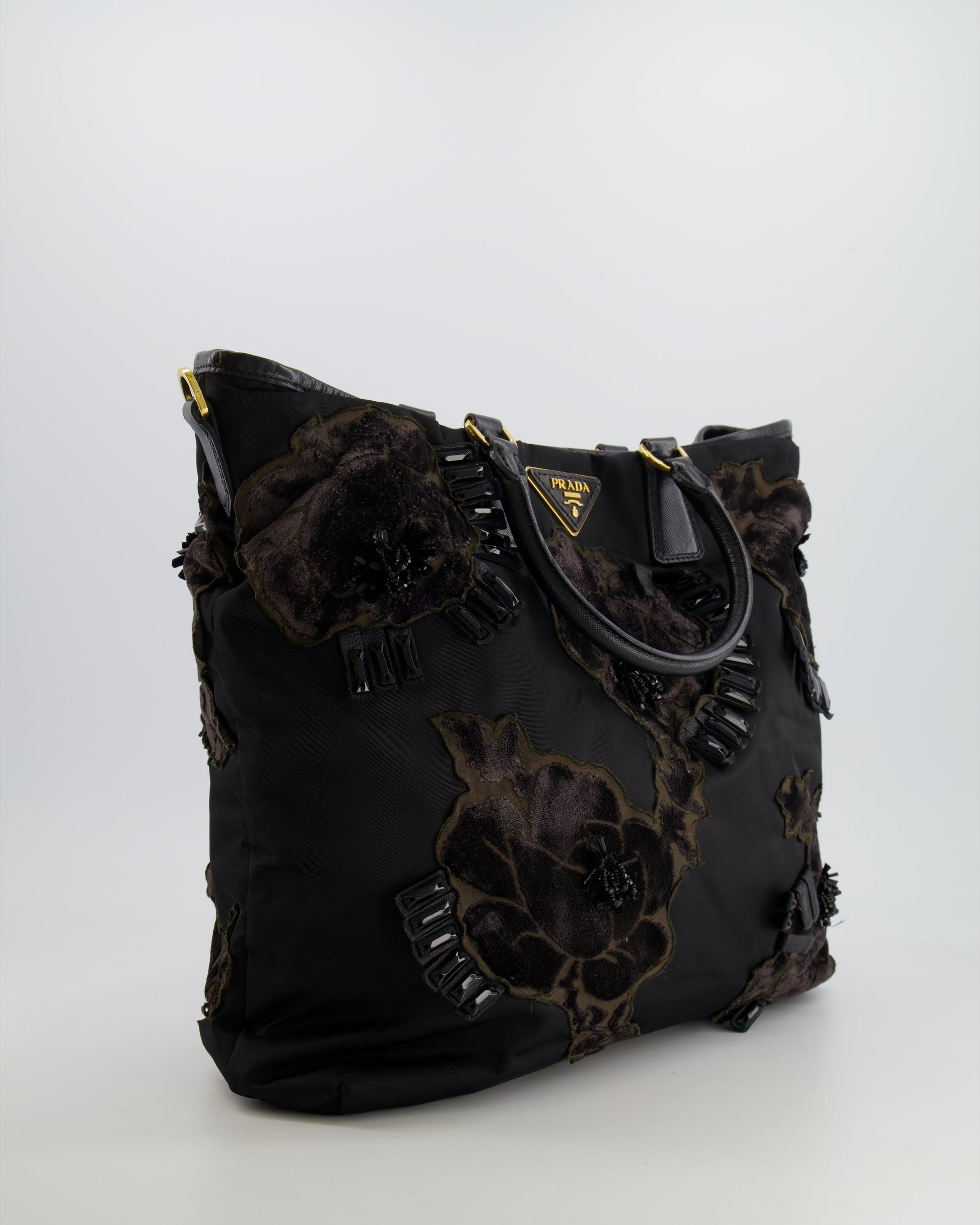 Prada Tote Bag With Hardware Velvet And Crystal Embroideries Nylon Black Gold