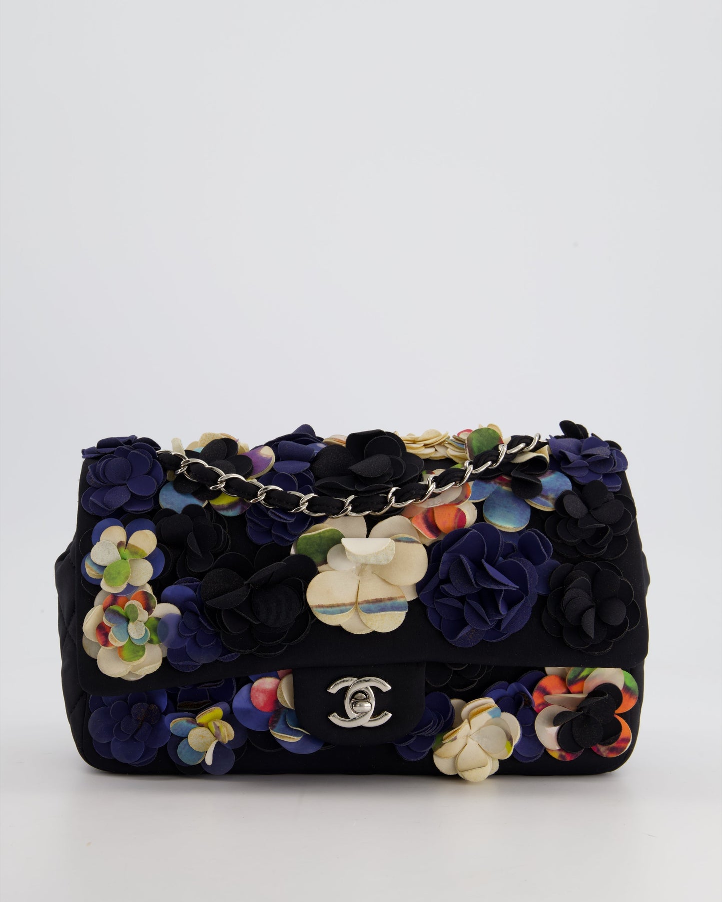 Chanel 15C Navy Camelia Embroidered Flap Bag In Fabric Material With Silver Hardware