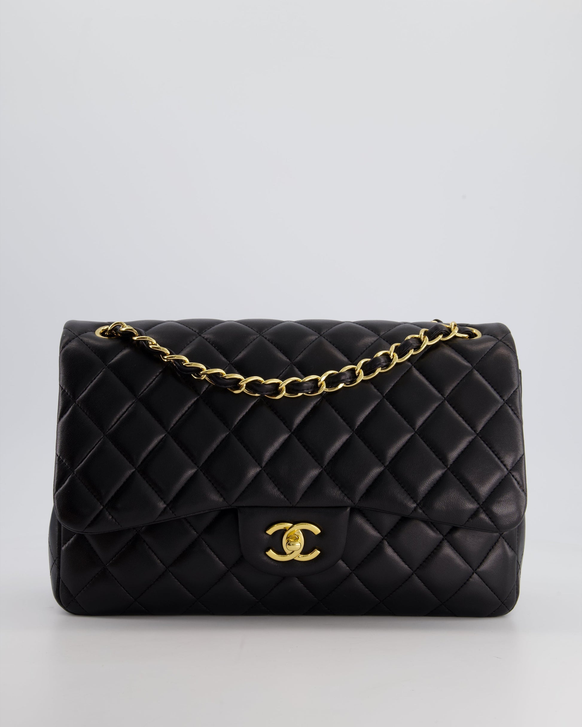 Chanel Black Jumbo Classic Double Flap Bag In Lambskin Leather With Gold Hardware