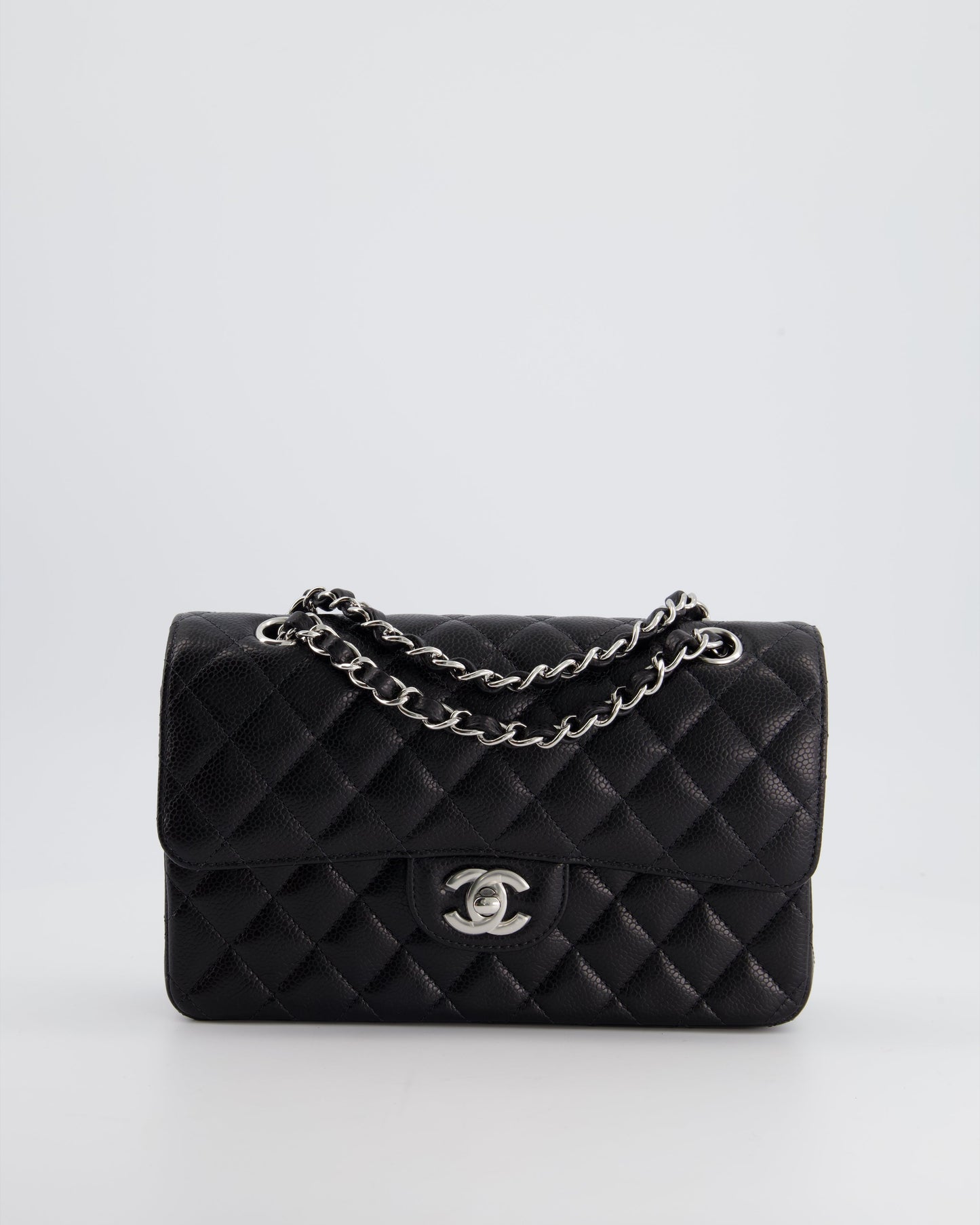 Chanel Black Small Classic Double Flap Bag In Caviar Leather With Silver Hardware