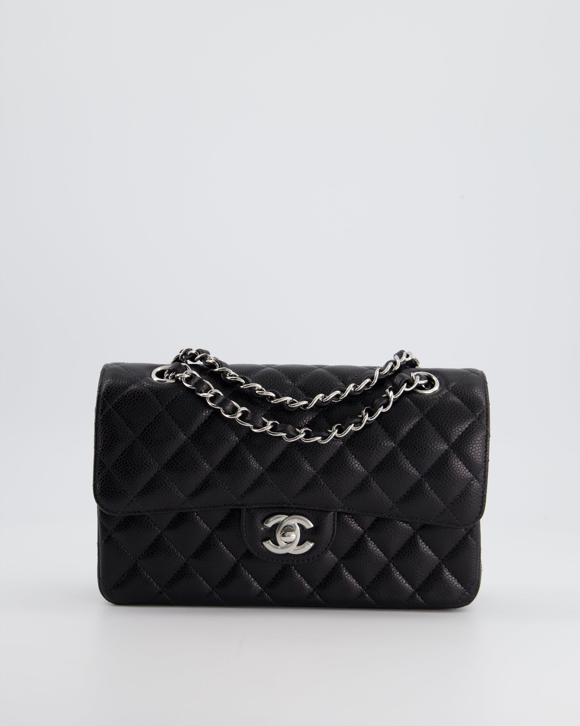 Chanel Black Small Classic Double Flap Bag In Caviar Leather With Silver Hardware