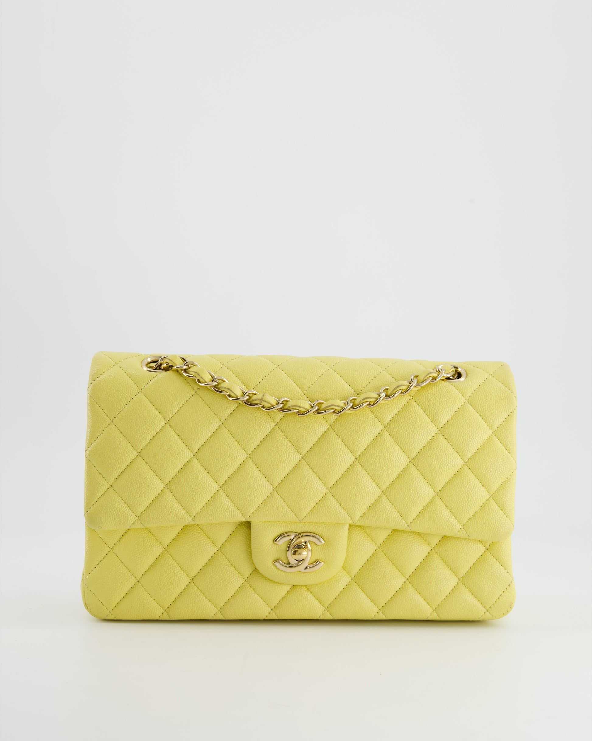 Chanel Sorbet Yellow Medium Classic Double Flap Bag In Caviar Leather With Champagne Gold Hardware