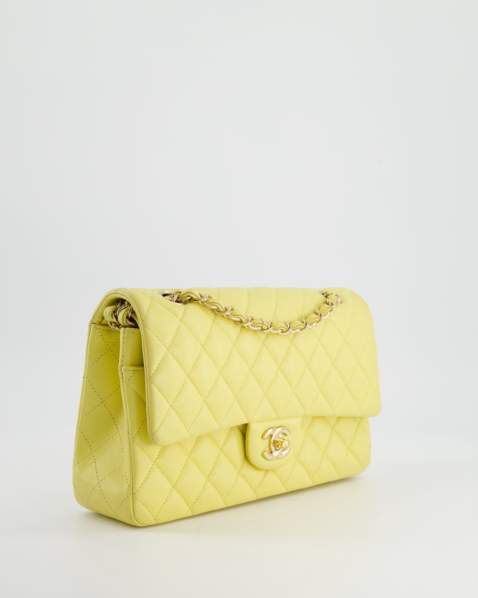 Chanel Sorbet Yellow Medium Classic Double Flap Bag In Caviar Leather With Champagne Gold Hardware