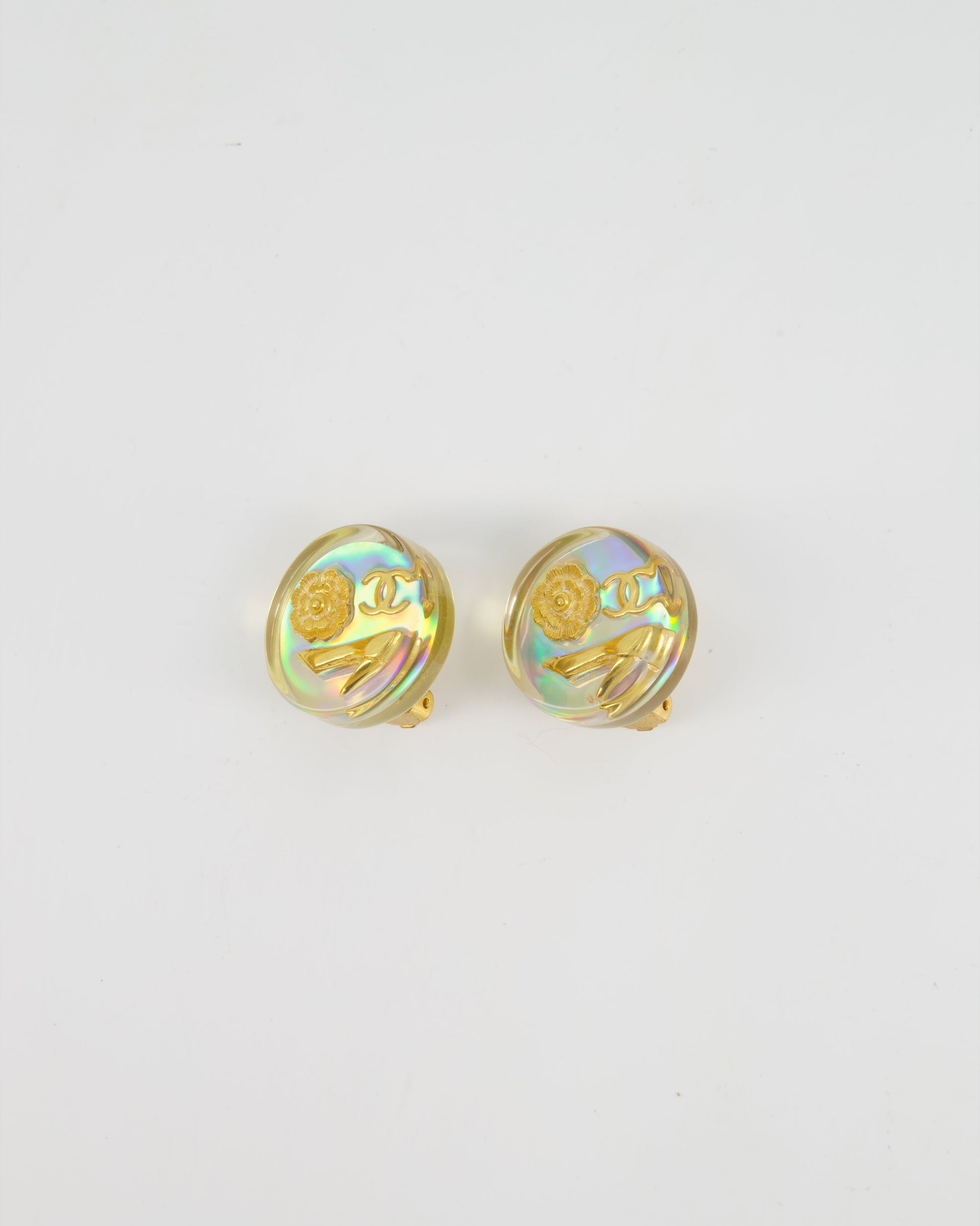 Chanel 97P Round Iridescent With Gold Cc Logo, Caméila & Shoe Detail Clip-On Earrings